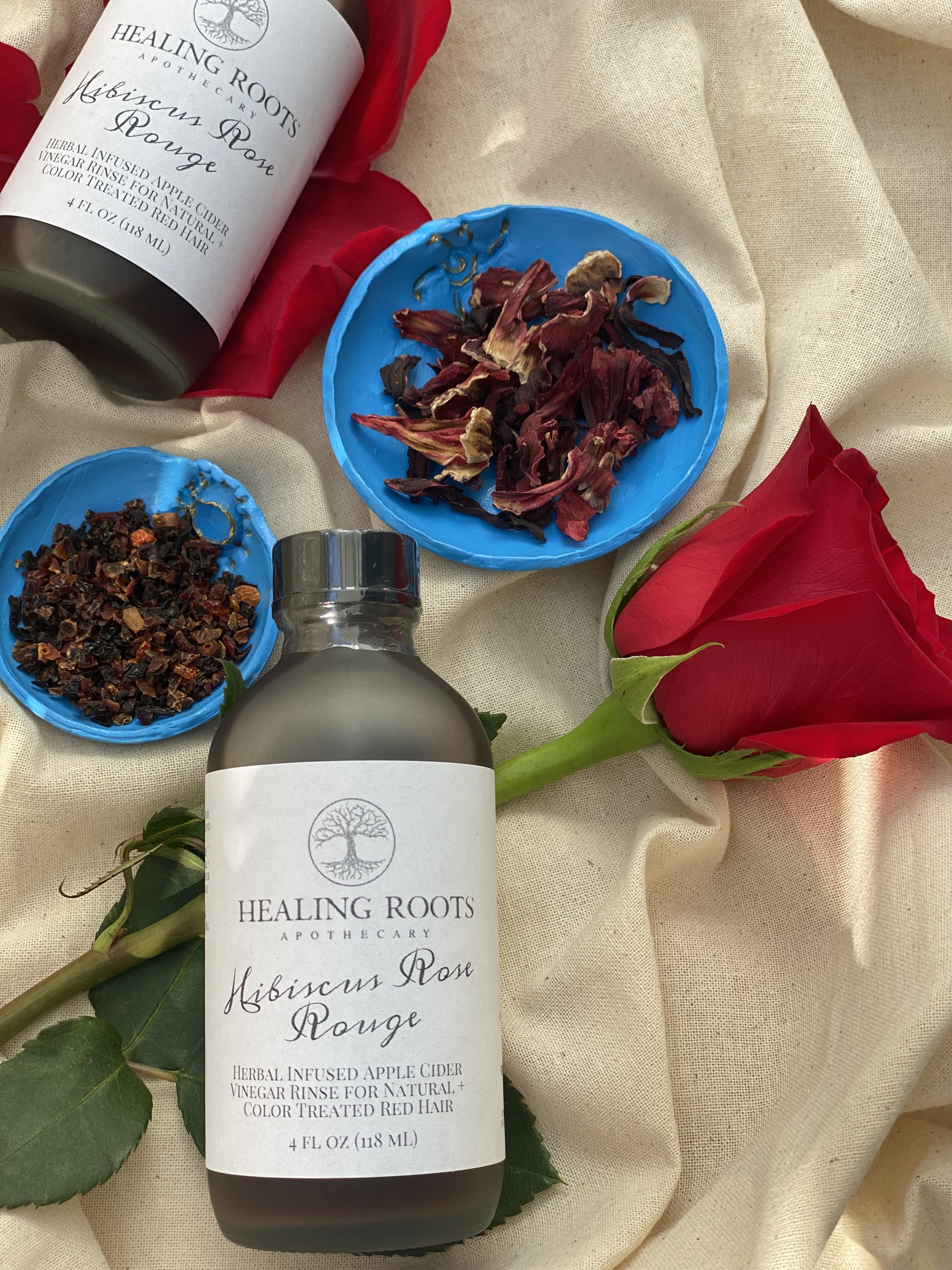 Hibiscus Rose Rouge herbal infused apple cider vinegar rinse for natural + color treated red hair.