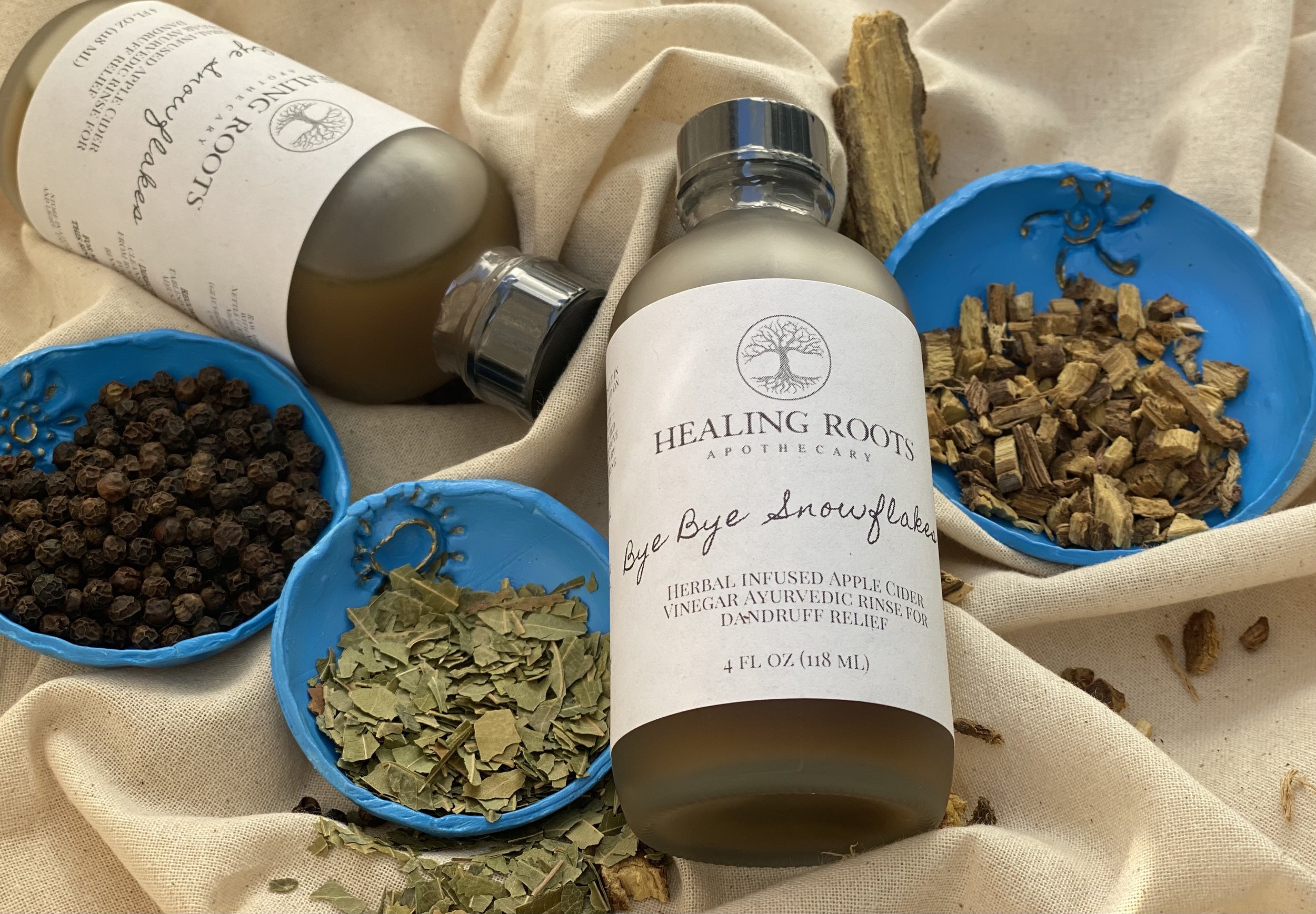 Bye bye snowflakes herbal infused apple cider vinegar Ayurvedic rinse for dandruff relief.