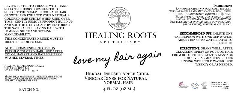 Product label for Love My Hair Again that is placed on each bottle sold. Information includes ingredients, directions for use and batch number.