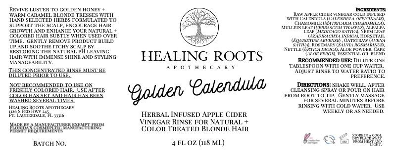 Product label for Golden Calendula that is placed on each bottle sold. Information includes ingredients, directions for use and batch number.