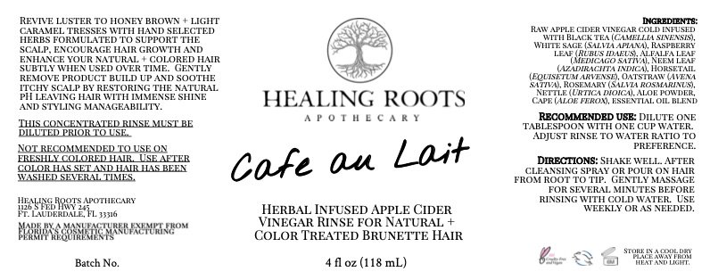 Product label for Cafe au Lait that is placed on each bottle sold. Information includes ingredients, directions for use and batch number.