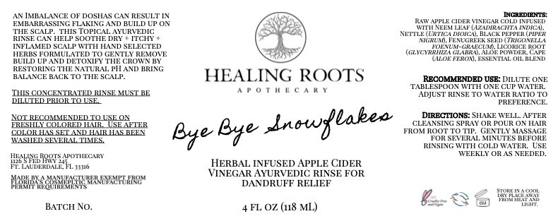 Product label for Bye Bye Snowflakes that is placed on each bottle sold. Information includes ingredients, directions for use and batch number.