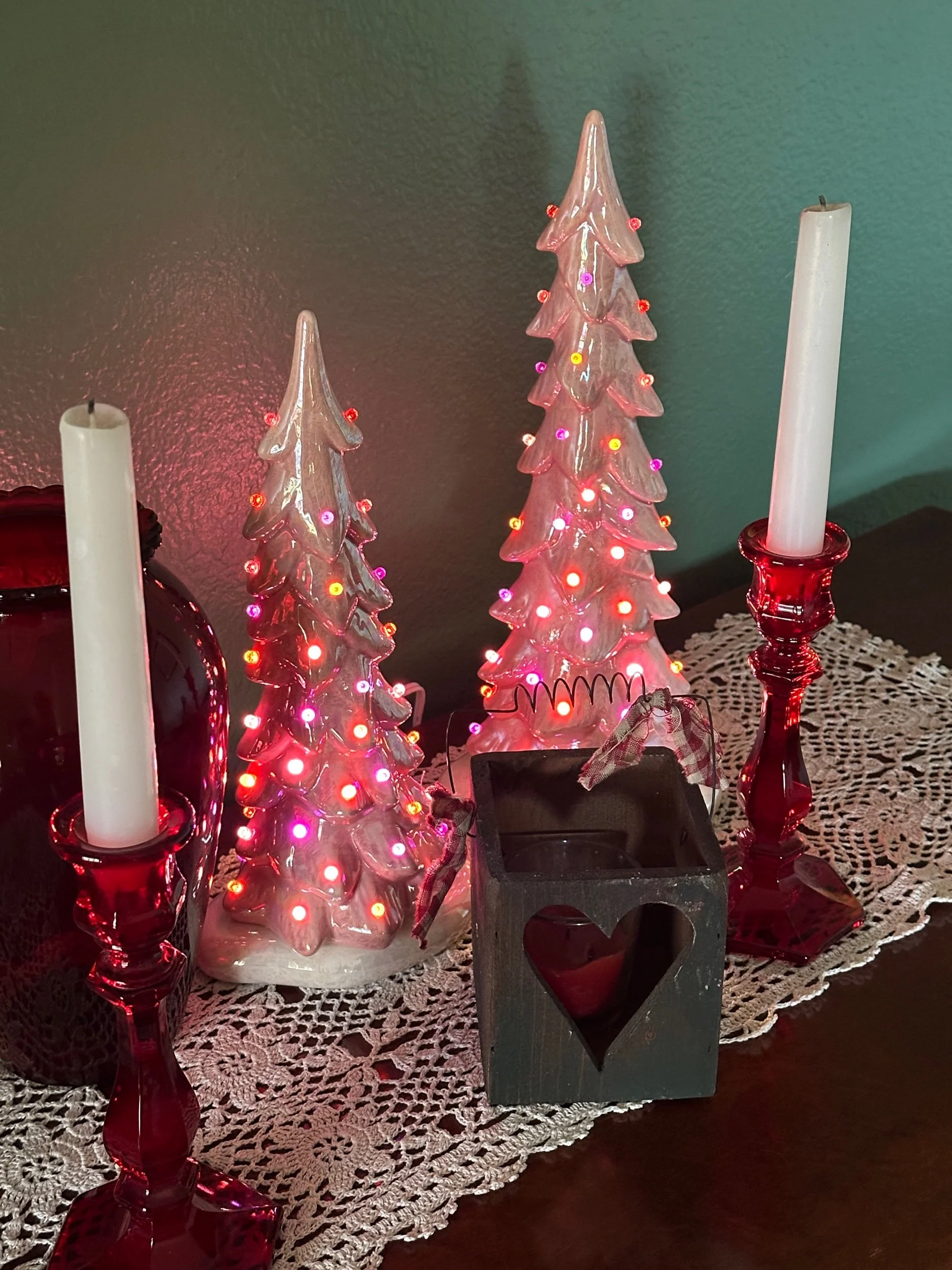 Hand Painted Valentine's Day Ceramic Pink Mother of Pearl Light-Up Christmas Trees