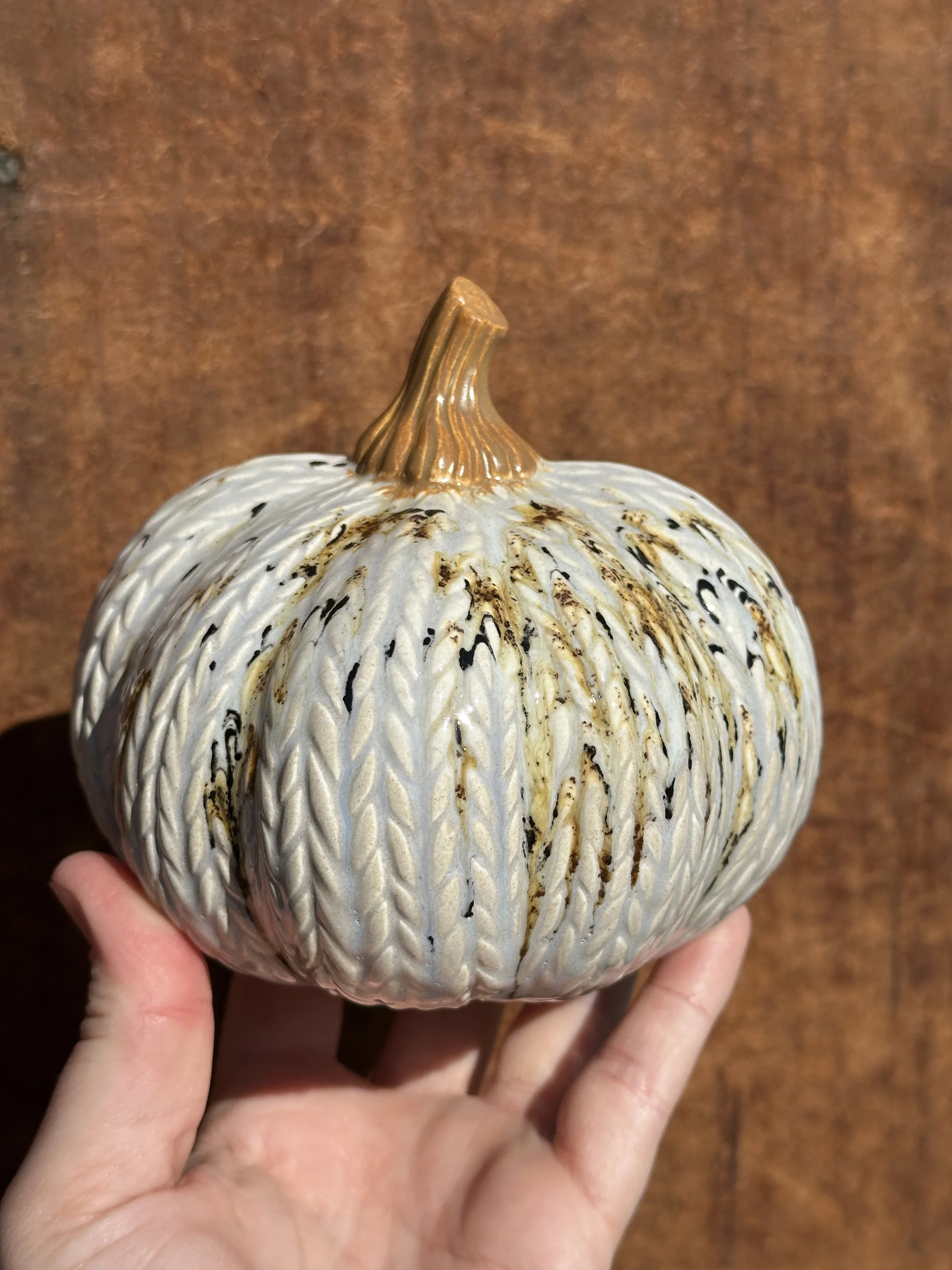 Small 5” Hand Painted Squatty Knit Ceramic Fall | Halloween Pumpkin