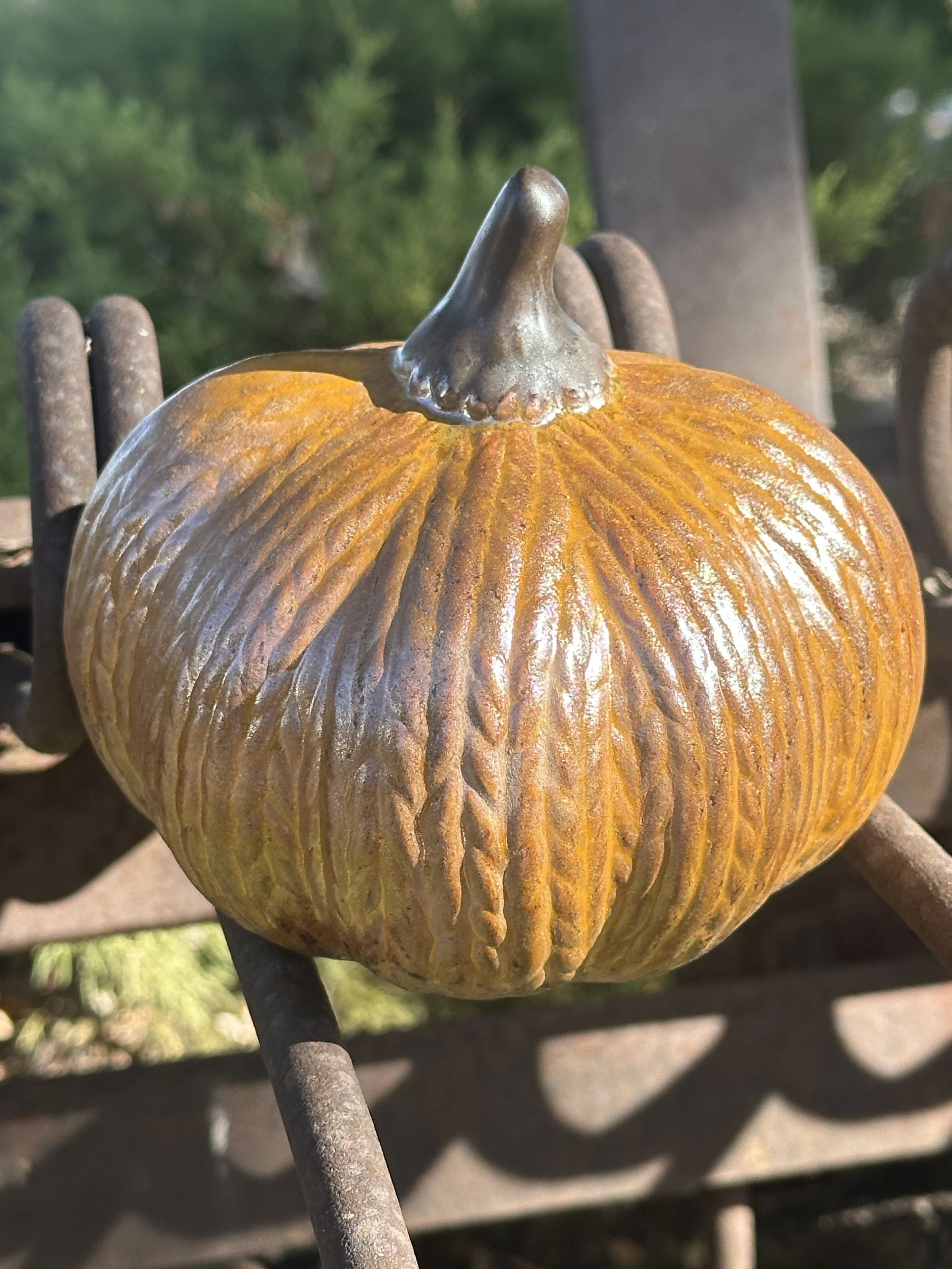 Small 5” Hand Painted Knit Squatty Stoneware Fall | Halloween Pumpkin
