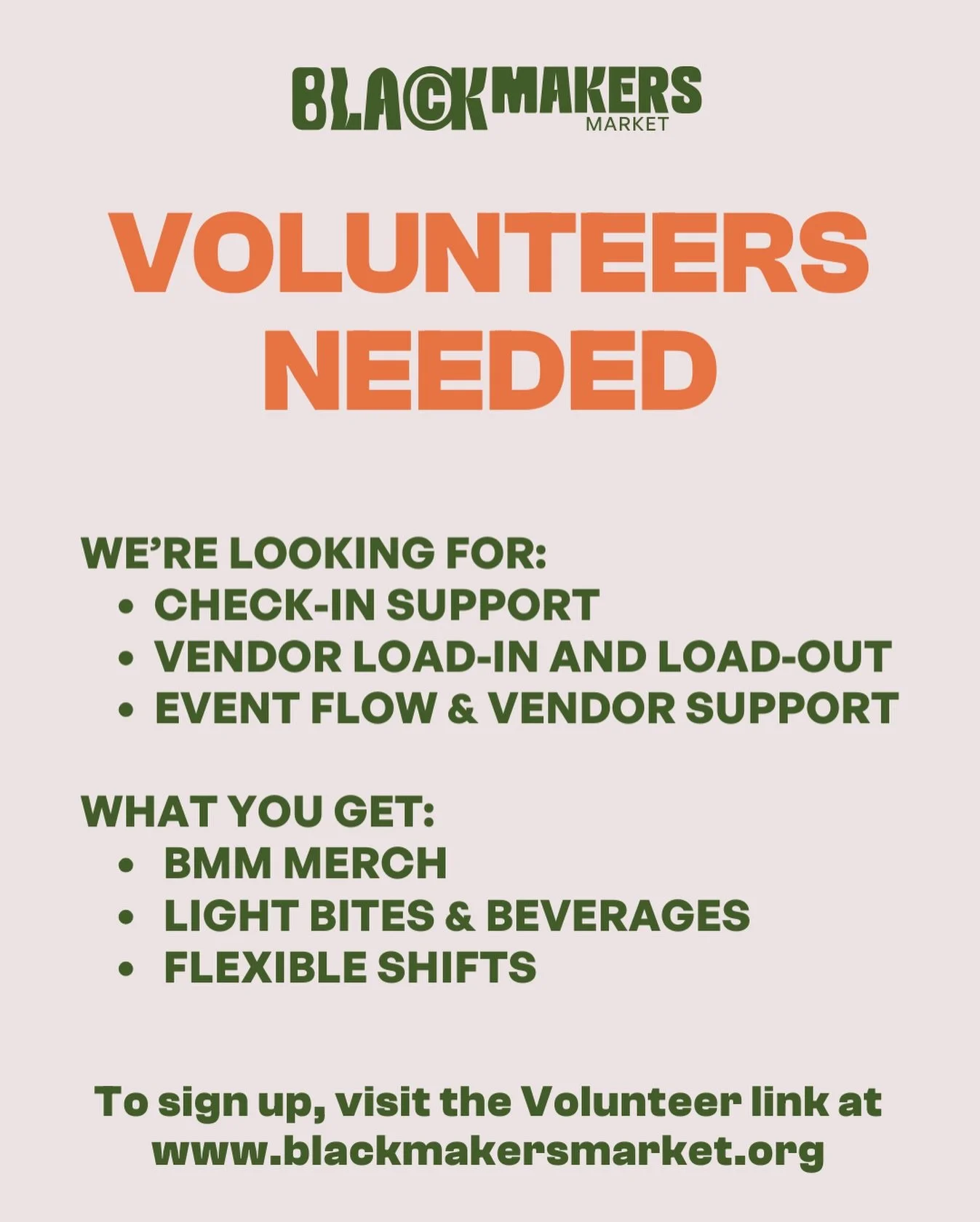 We&rsquo;re calling on our community builders, creatives, and helpers with heart 🖤✨

Black Makers Market is back on February 21st, and we need your energy to help bring it to life.

From vendor setup to guest support to smooth load-out &mdash; every