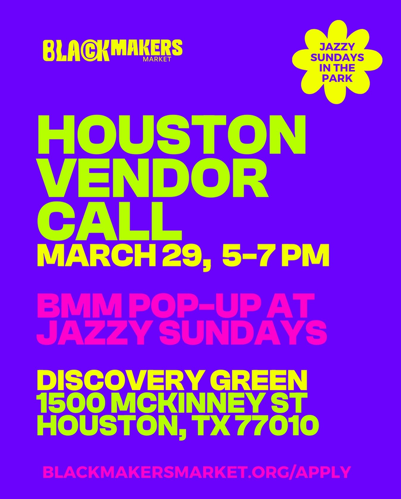 Houston vendors!! We&rsquo;re testing a new vibe in the park. 👀

Black Makers Market is piloting a new Houston pop-up experience at Jazzy Sundays in the Park at Discovery Green &mdash; and we&rsquo;re looking for a few incredible Black-owned vendors