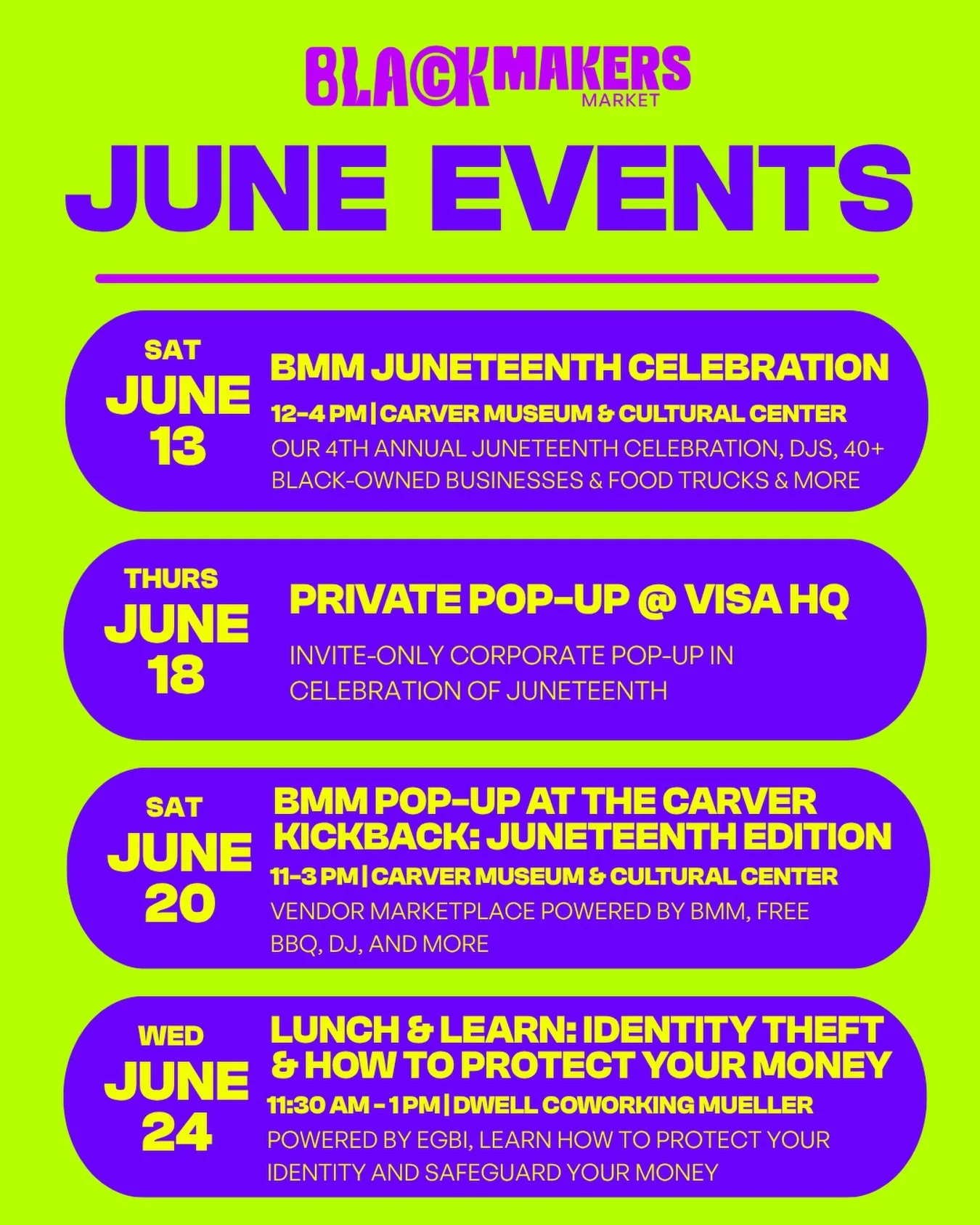 🚨 June is STACKED and Black Makers Market is outside all month long. 🚨

From our biggest Juneteenth celebration yet to community pop-ups and business education, we&rsquo;ve got something for everyone this month. 🖤✨

📅 June 13 | BMM Juneteenth Cel
