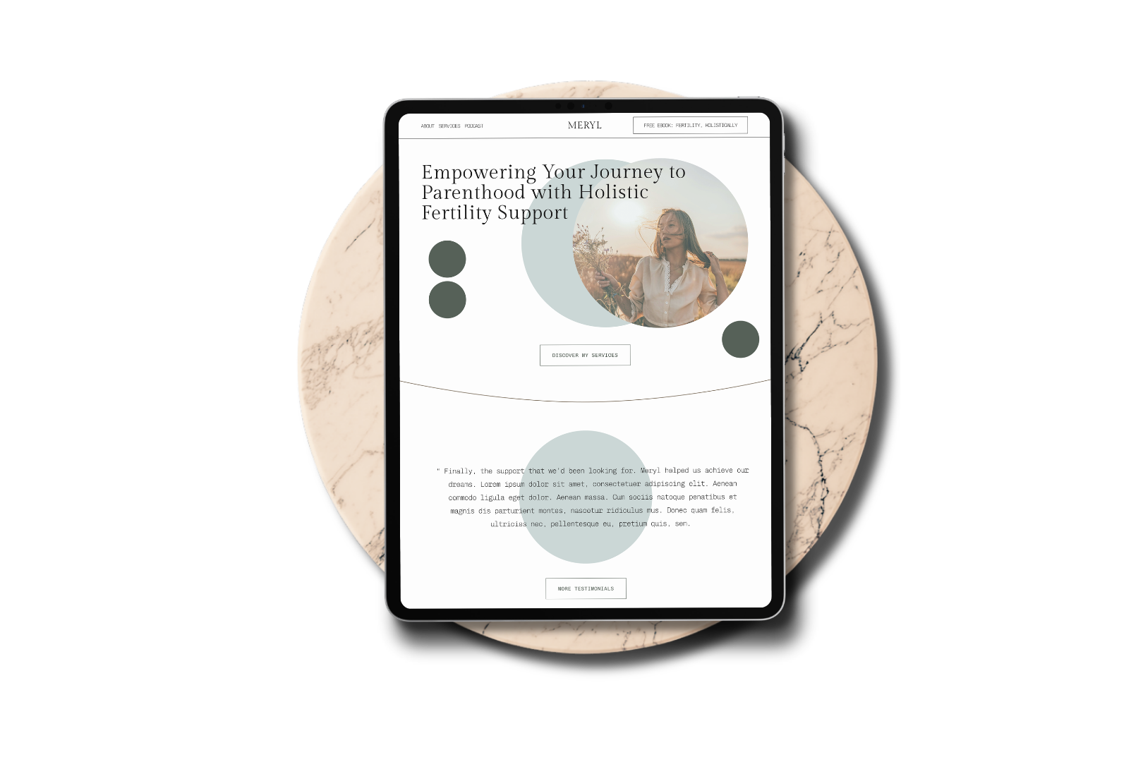 home page of Meryl website template on a tablet mock up