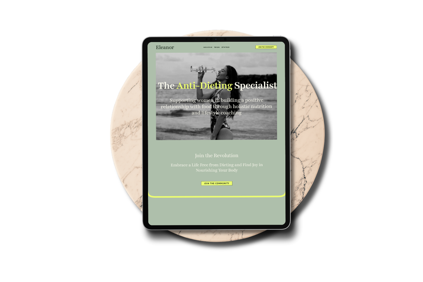 home page of eleanor website template on an ipad tablet