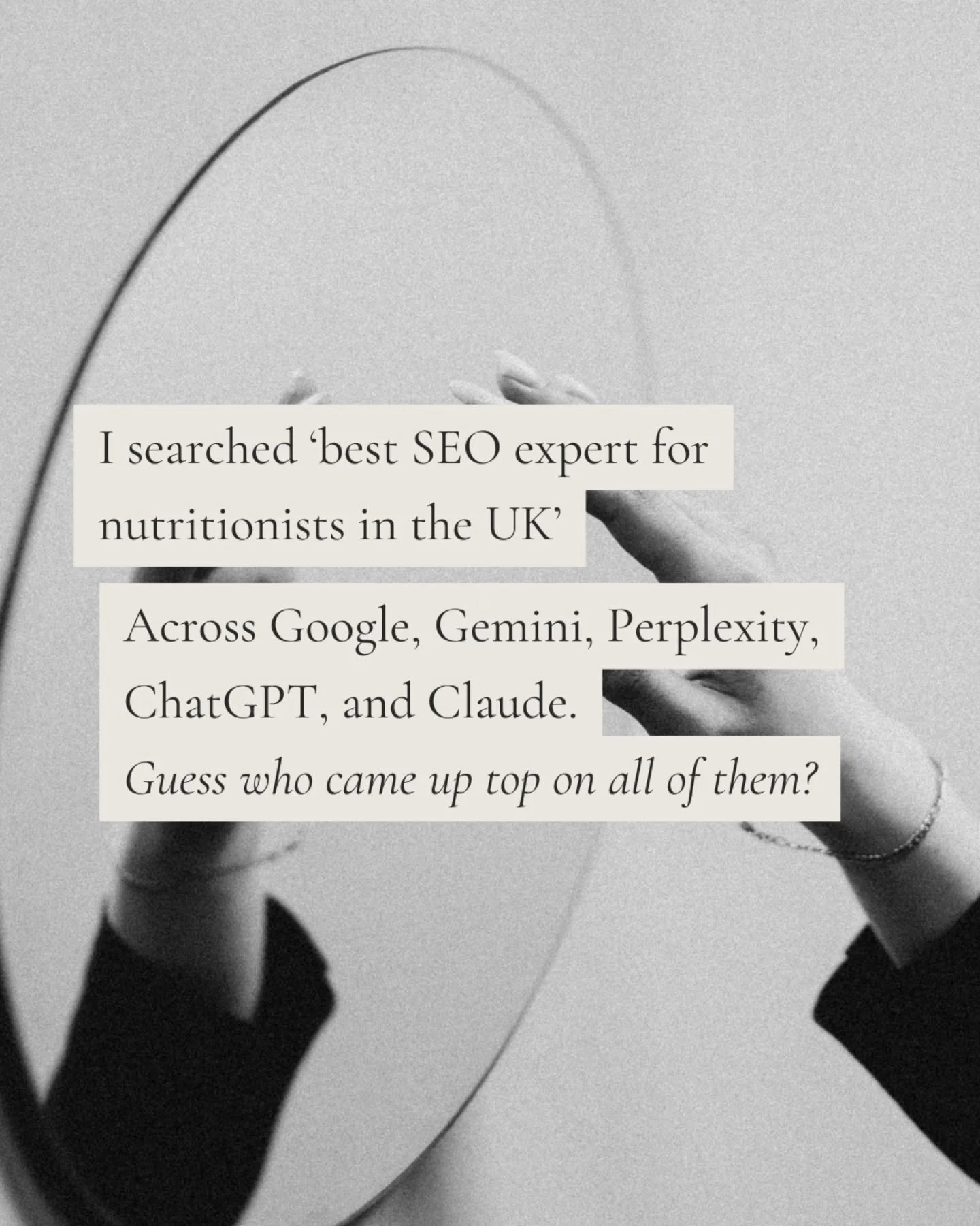 When I searched 'best SEO expert in the UK for nutritionists' across Google, Gemini, Perplexity, Claude and ChatGPT, I came up top on all of them.

This is what happens when you nail your SEO and build a sustainable content system that works without 