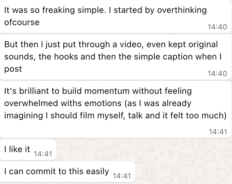 Screenshot WhatsApp message feedback for instagram growth course