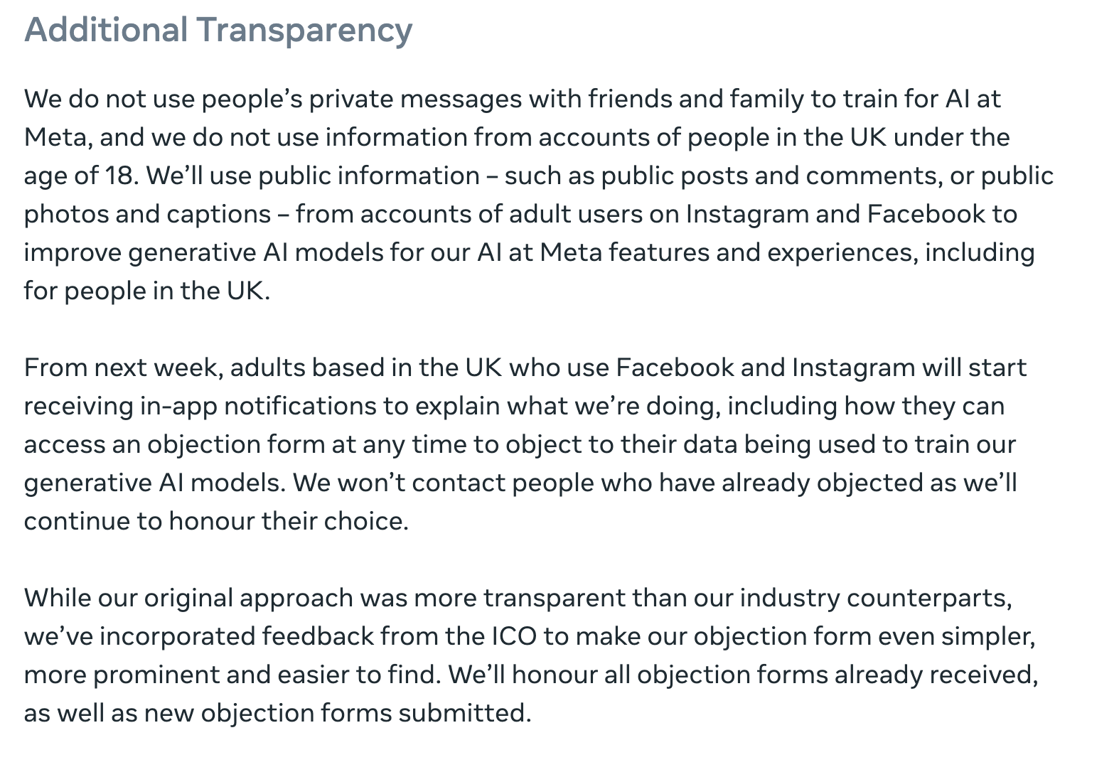 Extract from Meta's 13 September 2024 announcement explaining it will use public posts, comments, photos and captions from UK adult Instagram and Facebook accounts to train its generative AI models