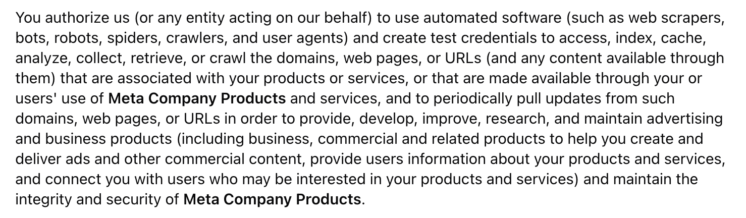 Clause from Meta's proposed Commercial Terms authorising automated software such as crawlers to access, collect and retrieve content from websites associated with a business, to develop advertising and business products