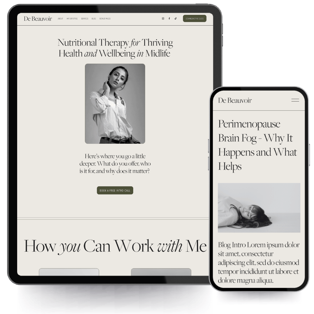 De-beauvoir squarespace website template showcased on ipad and phone mock-up