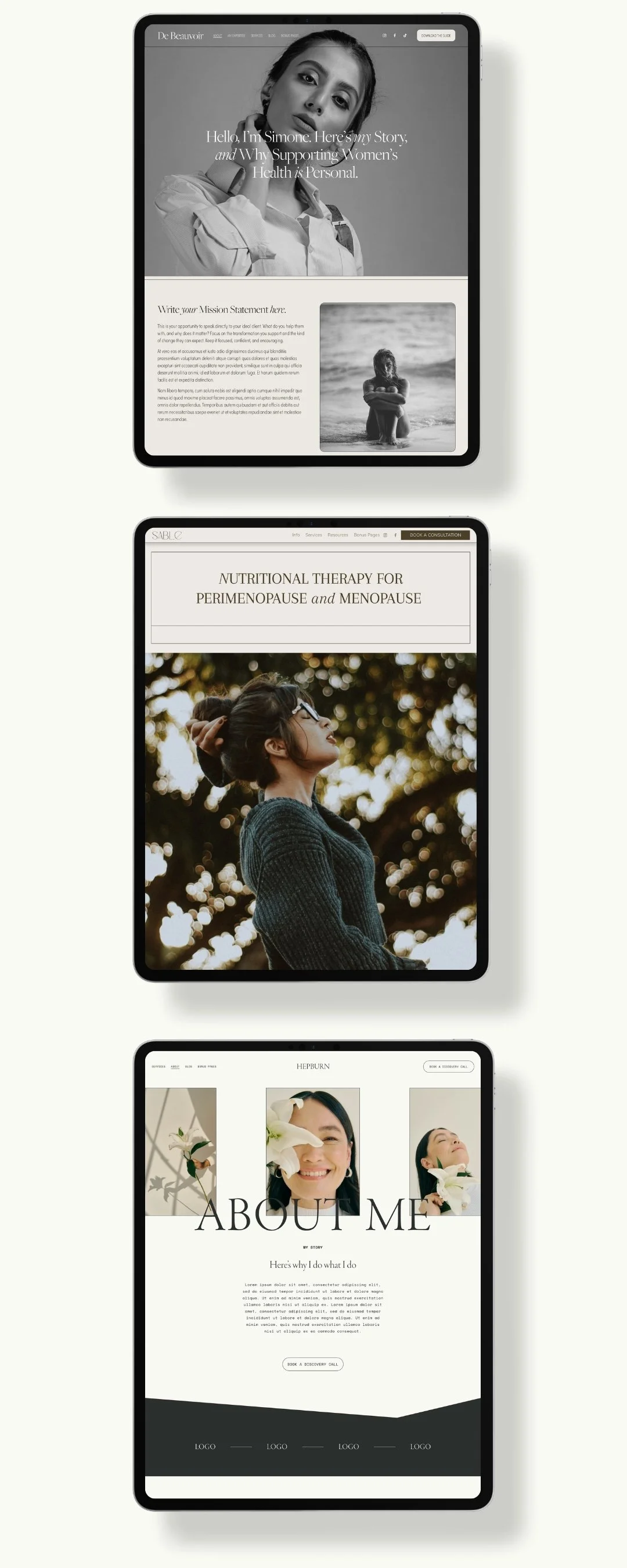 Three Ipad mock-ups of website template designs.