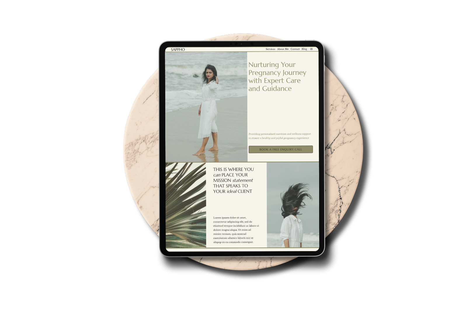 Sappho website template design on tablet mockup