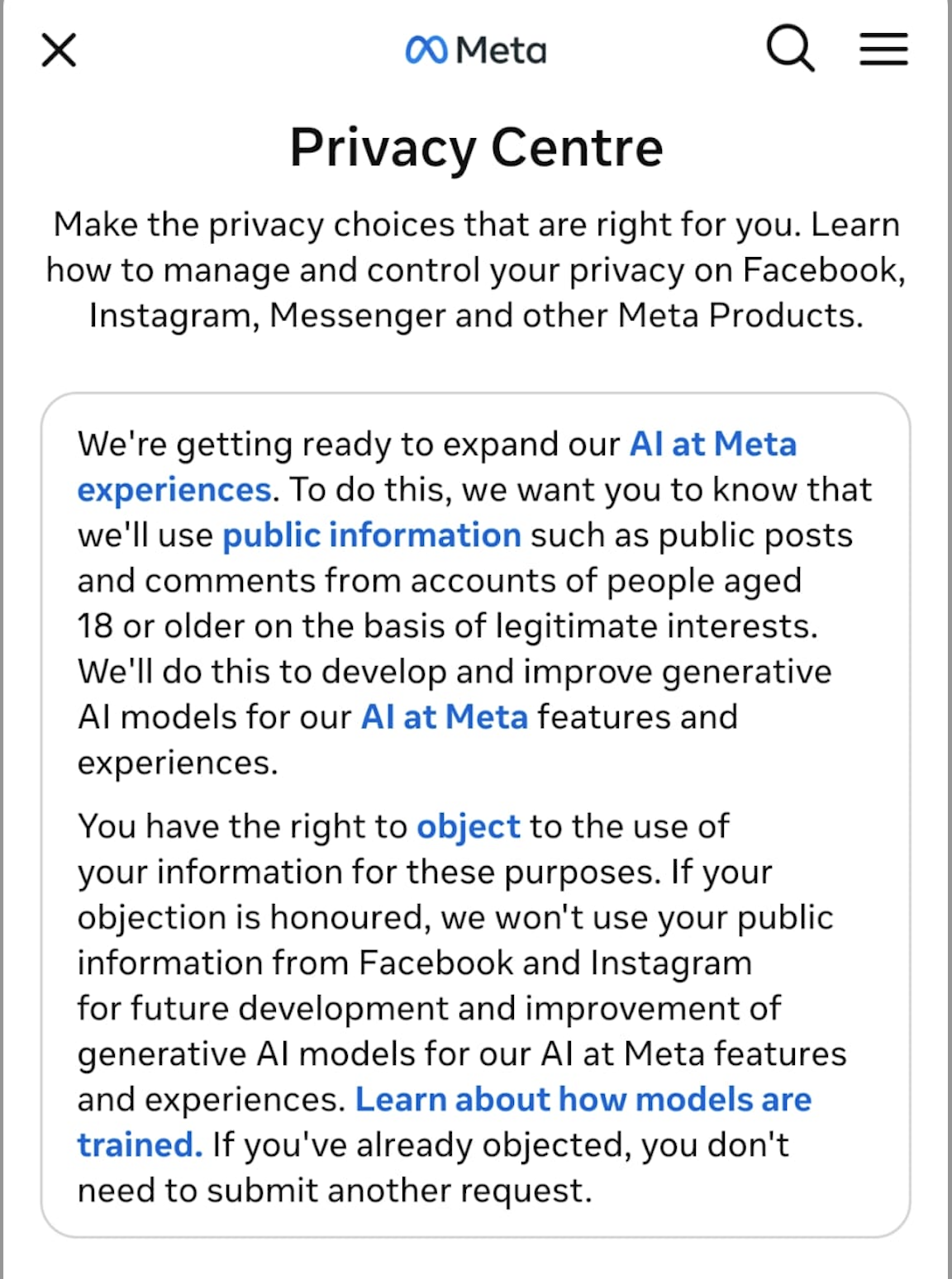 Meta Privacy Centre notice on Instagram explaining that public posts and comments from adult accounts will be used to develop generative AI models, with a link to object