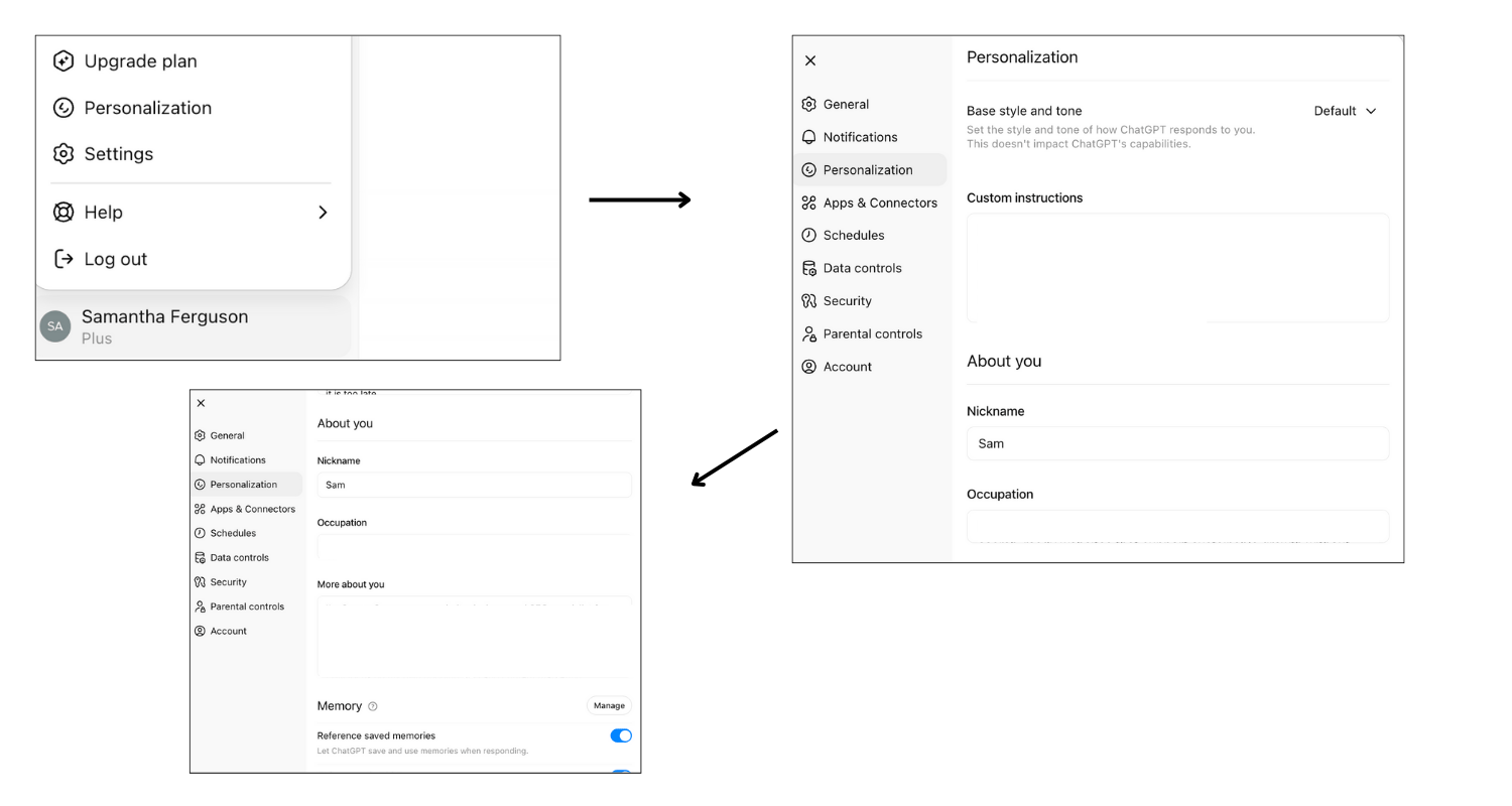 ChatGPT settings panel showing the Personalisation or Custom instructions area with two long-text fields.
