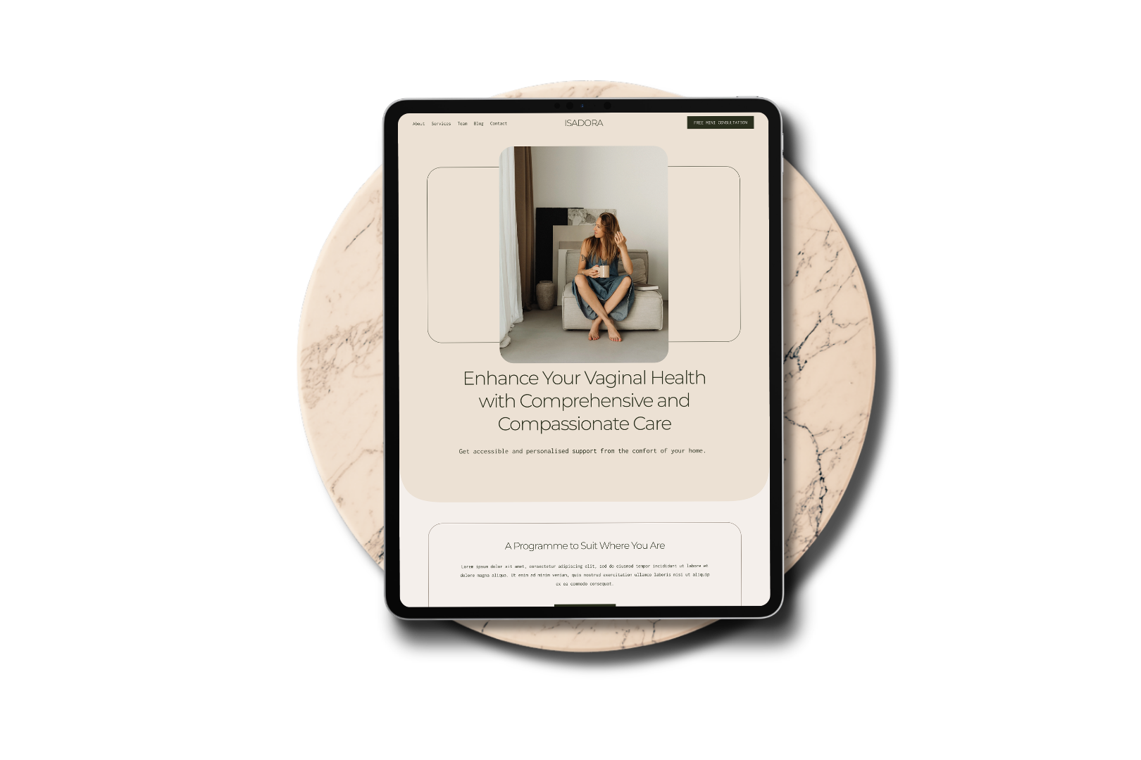 Isadora squarespace website template on an ipad mockup