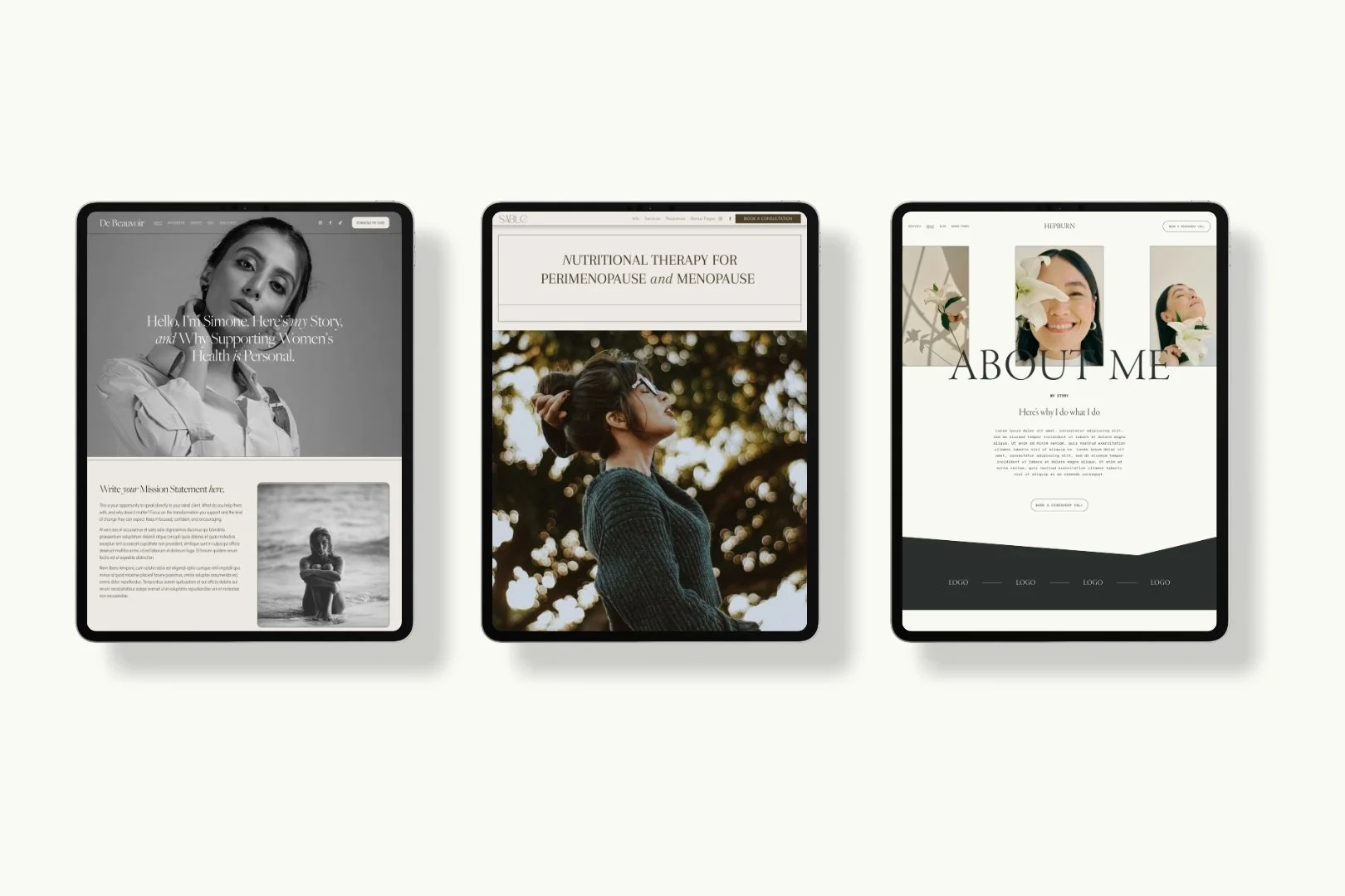 three ipads showing examples of website templates for nutritional therapists.