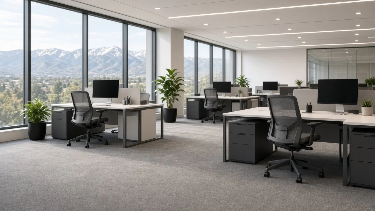 Clean, modern office in Colorado Springs with tidy desks and freshly vacuumed carpet after NexClean office cleaning.