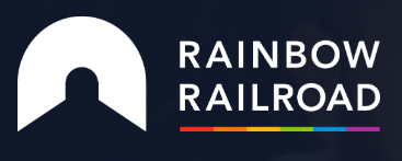 Logo for Rainbow Railroad. White letters on dark blue background with rainbow colors underneath.