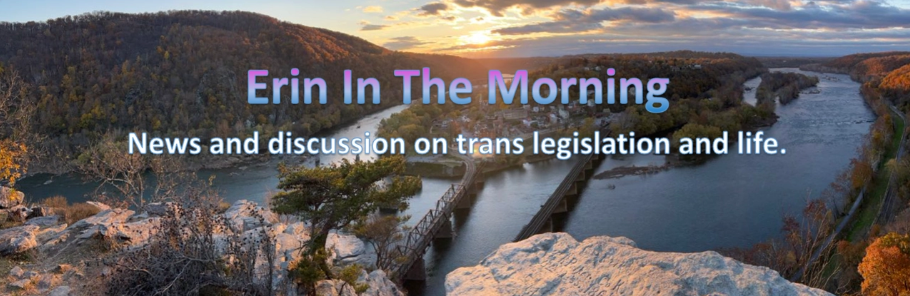 A sunrise over a river with a bridge and forests with fall foliage, with overlaid text that reads 'Erin In The Morning' and 'News and discussion on trans legislation and life.'