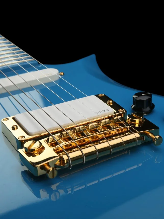 Close up bridge detail on Rusan Original guitar