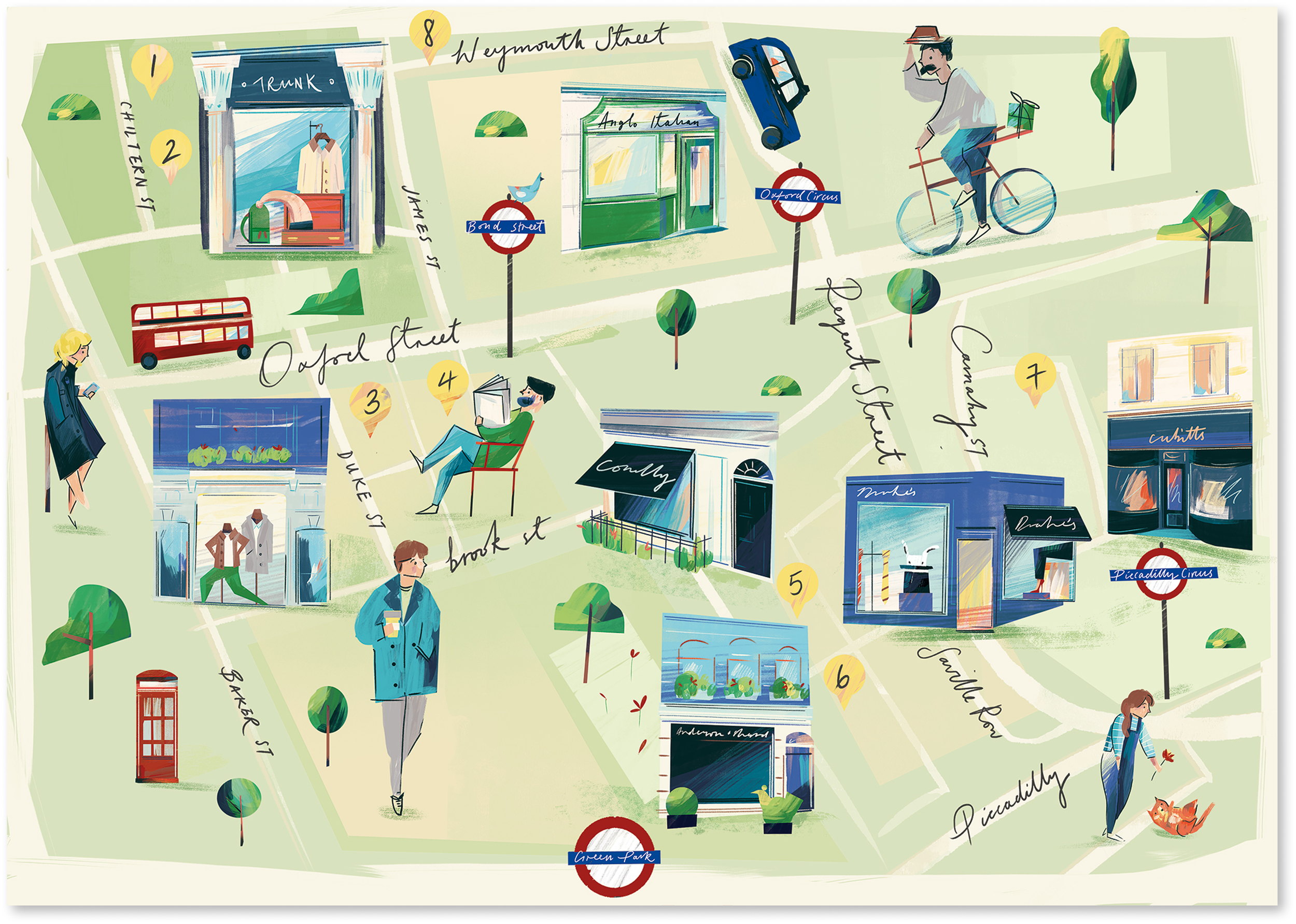 Illustrated map of Mayfair, London, commissioned by Birch Agency. Detailed neighbourhood map showing galleries, restaurants and landmarks.