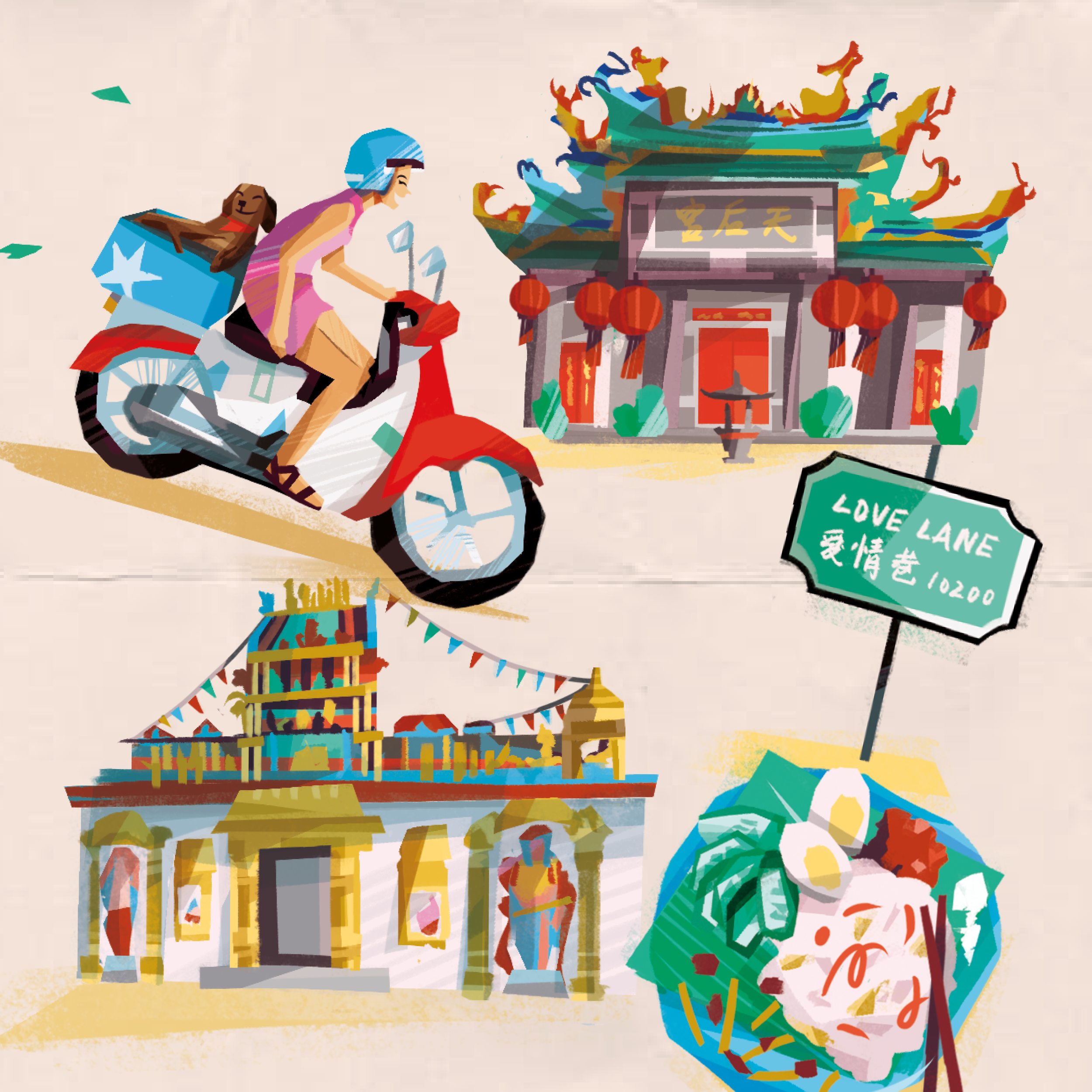 Illustrated map of Penang, Malaysia for National Geographic Traveller, showing George Town street life, heritage shophouses and hawker food stalls.