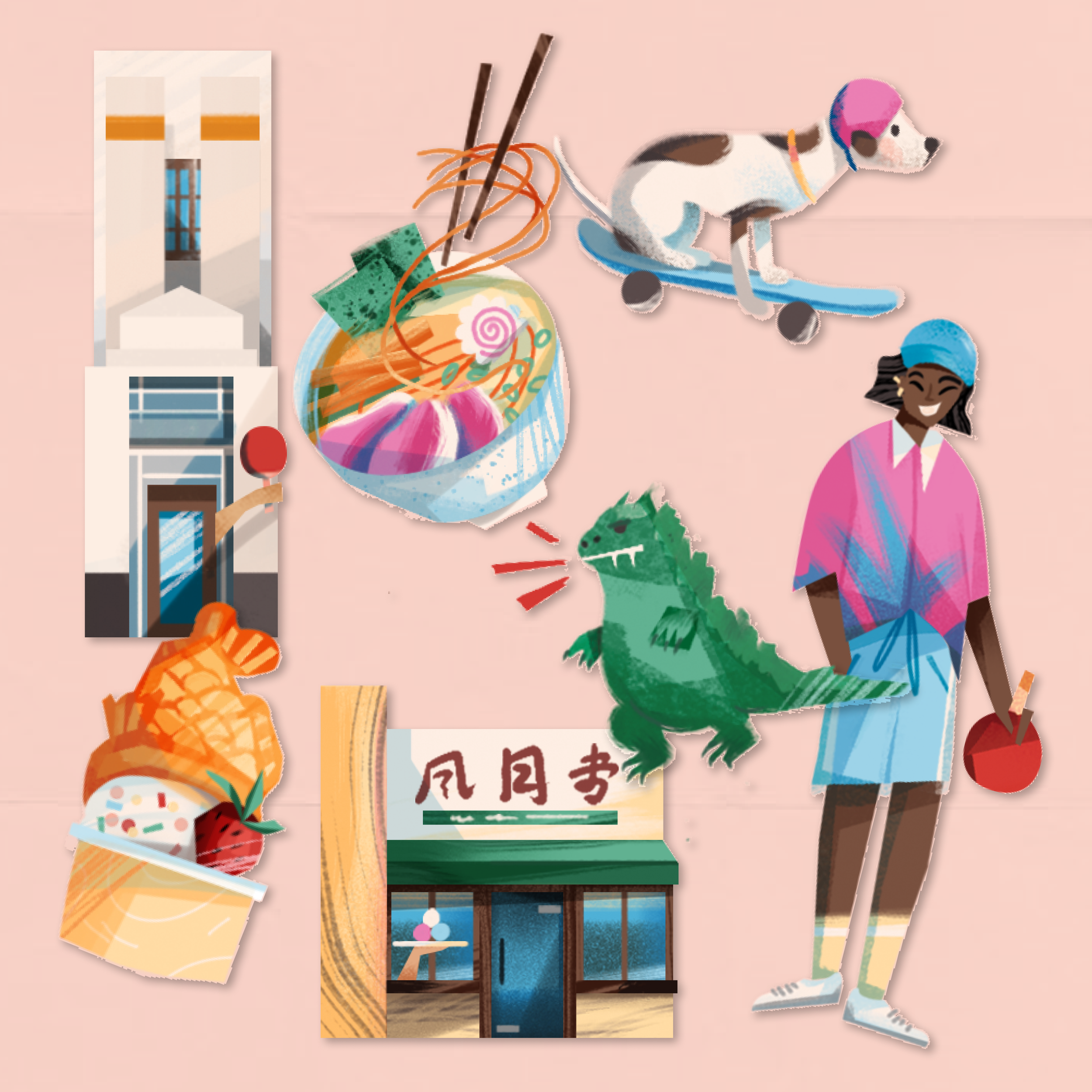 Illustrated neighbourhood map of Little Tokyo, Los Angeles, for Vera Magazine. Pink street grid with Godzilla, hawker food and LA street characters.