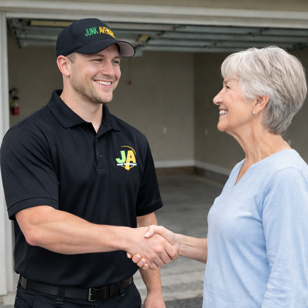 A young man in a black polo and cap with 'Junk Avengers' logo shaking hands with an older woman with gray hair in a blue shirt, inside a garage.