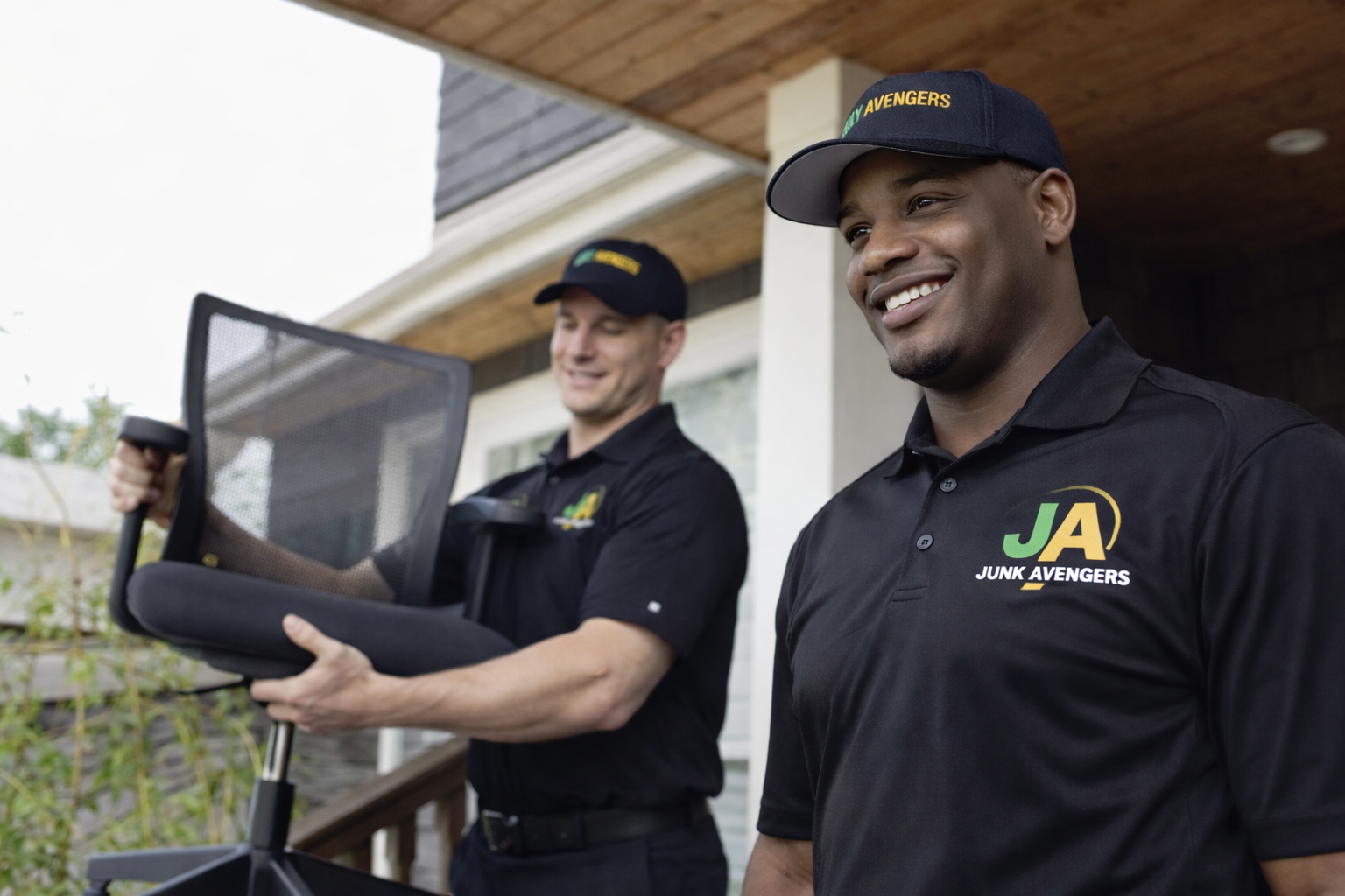 Two men wearing black polo shirts and matching caps with the logo JUNK AVENGERS, standing outside a house, smiling, one holding a laptop and the other standing nearby.