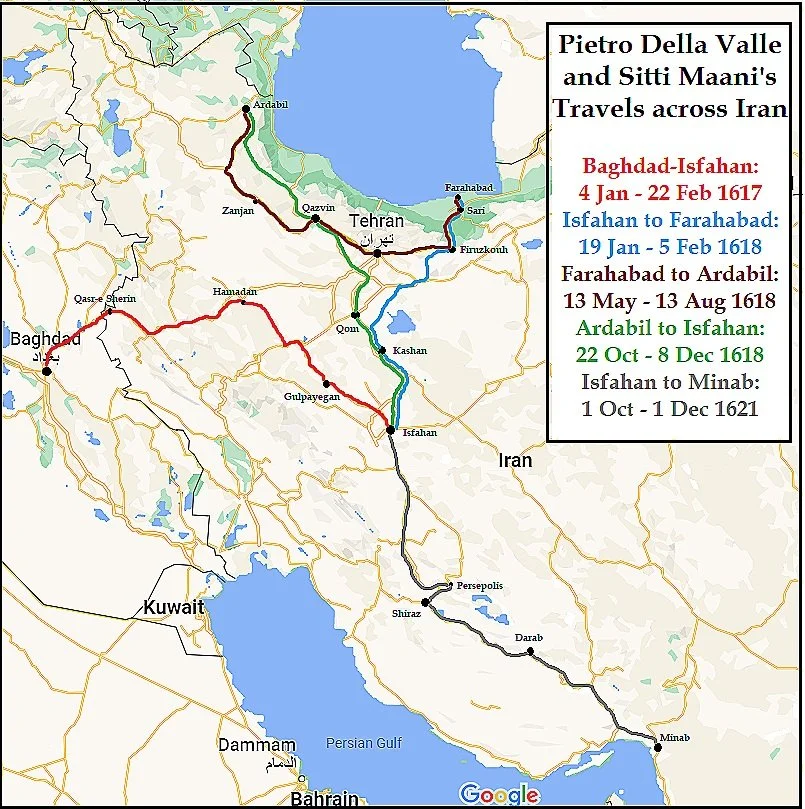 Map of the travels of Pietro Della Valle and Sitti Maani across Iran