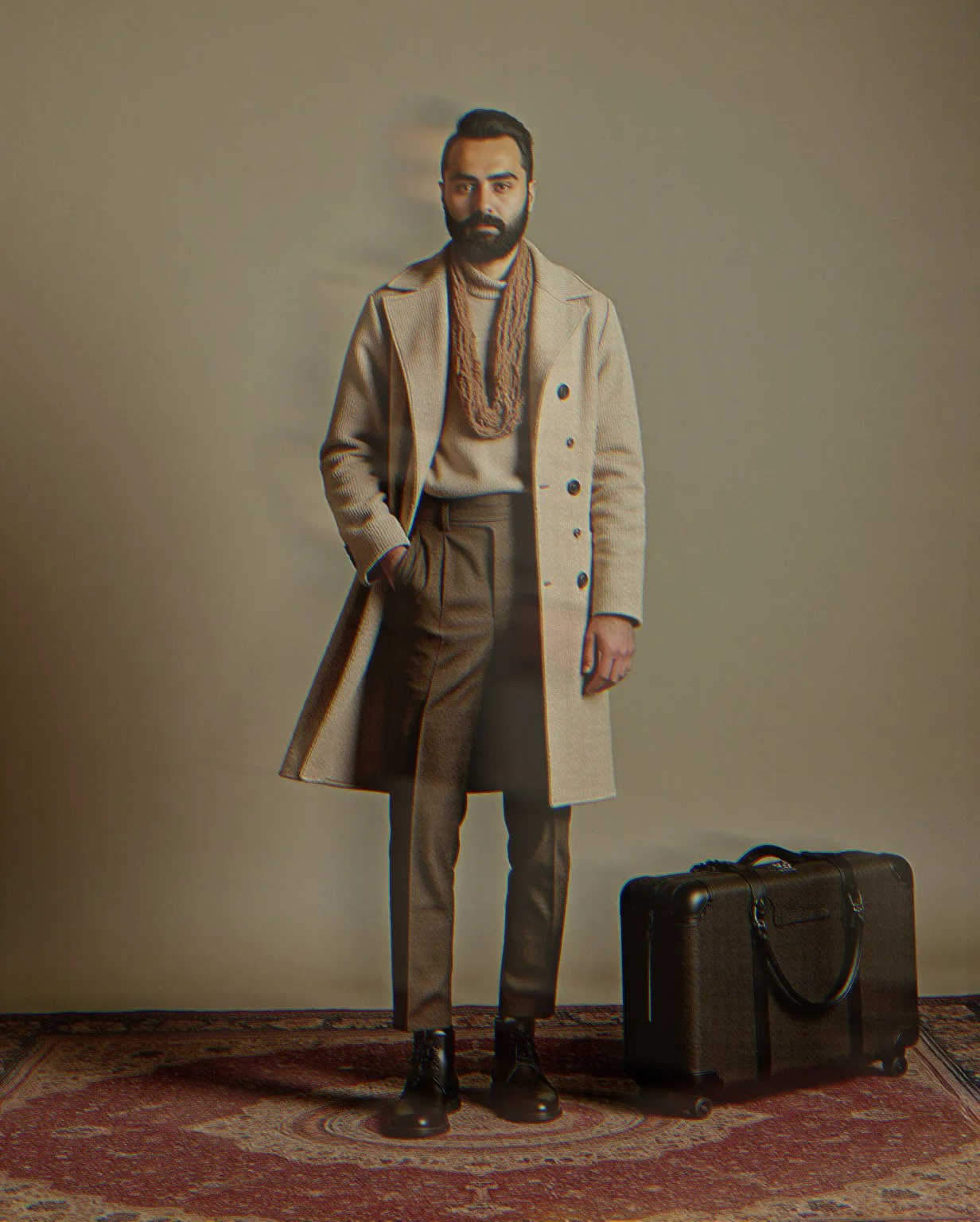 A man with a beard and mustache wearing a beige coat, brown dress pants, and black shoes, standing on a patterned rug against a plain wall, with a brown suitcase on the floor next to him.