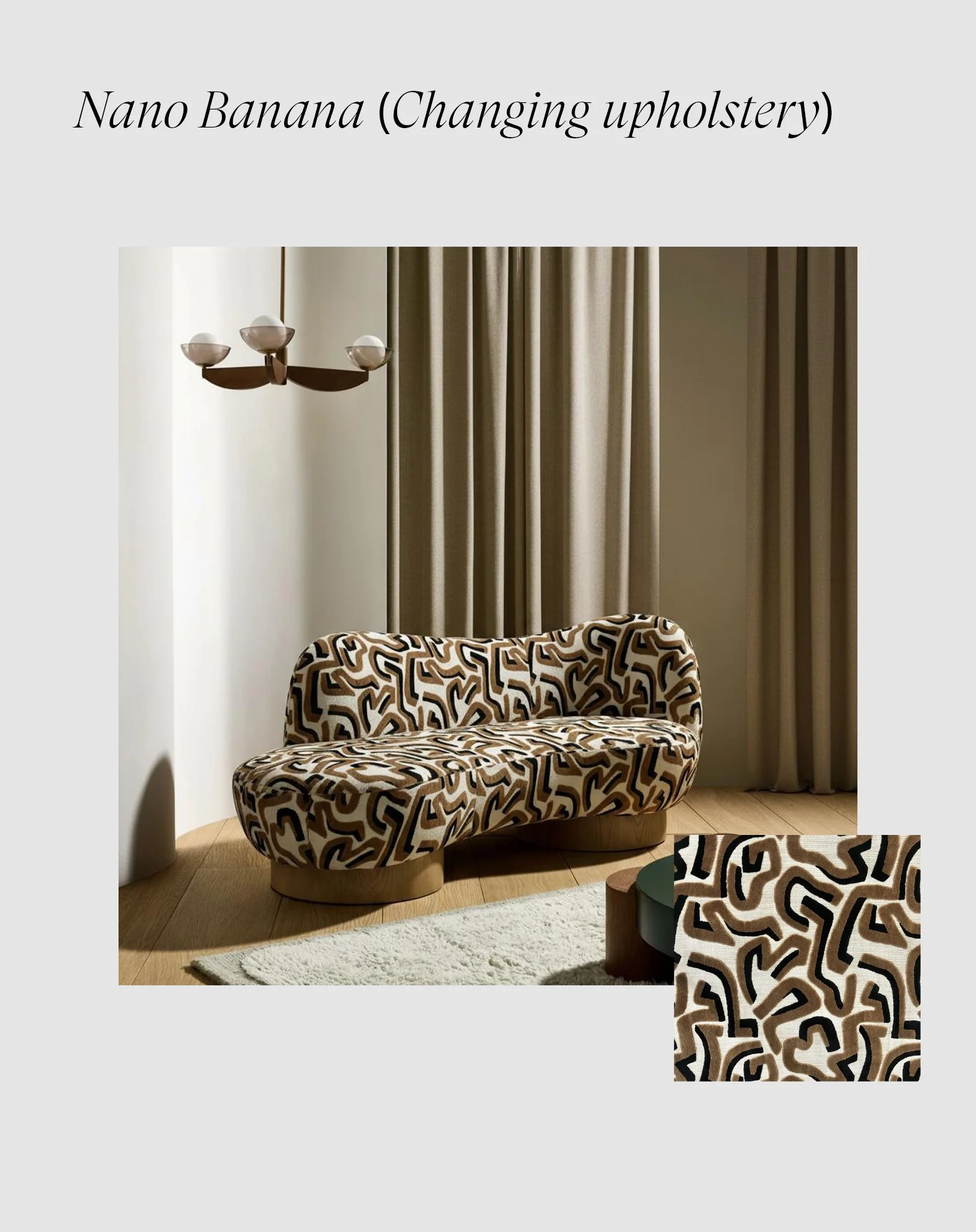 Modern living room with a patterned sofa featuring an abstract black, white, and brown design, beige curtains, and a wooden floor.