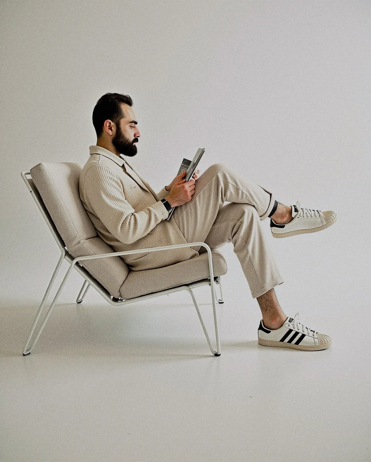 Man with a beard wearing a beige suit and sneakers, sitting on a beige chair, reading a magazine, with one leg raised and crossed over the other.