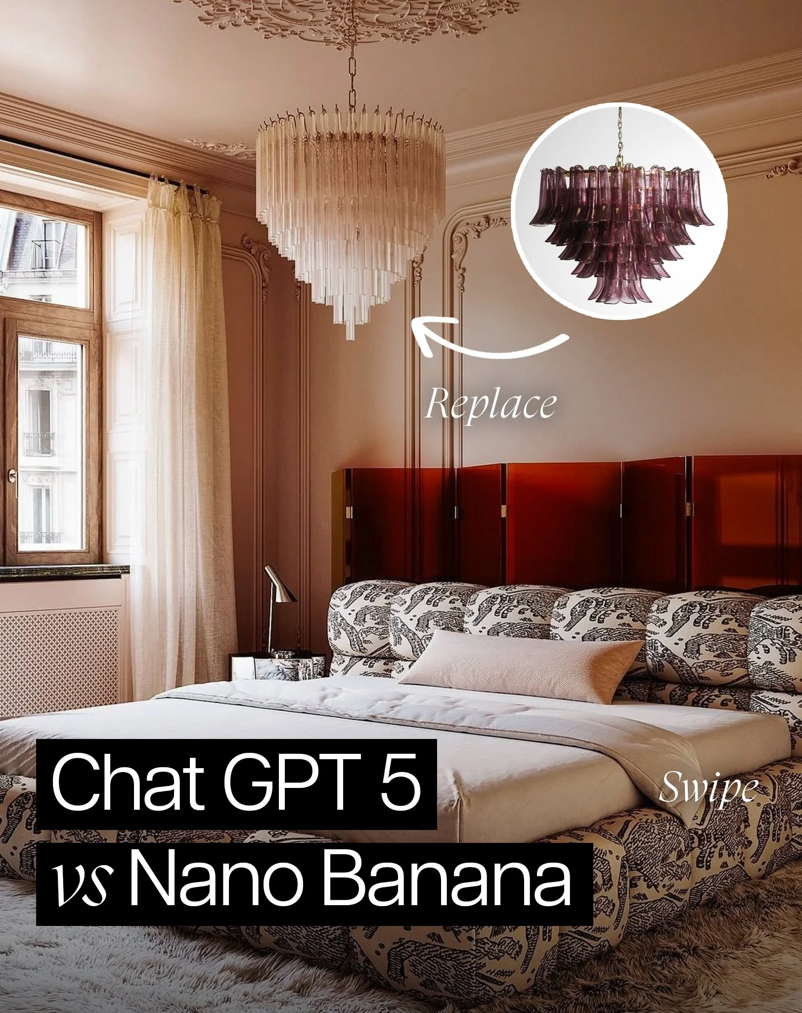 A bedroom with a large window, beige curtains, a patterned bed with a pillow, a bedside lamp, and two chandeliers, one of which is annotated to replace with a Nano Banana chandelier.