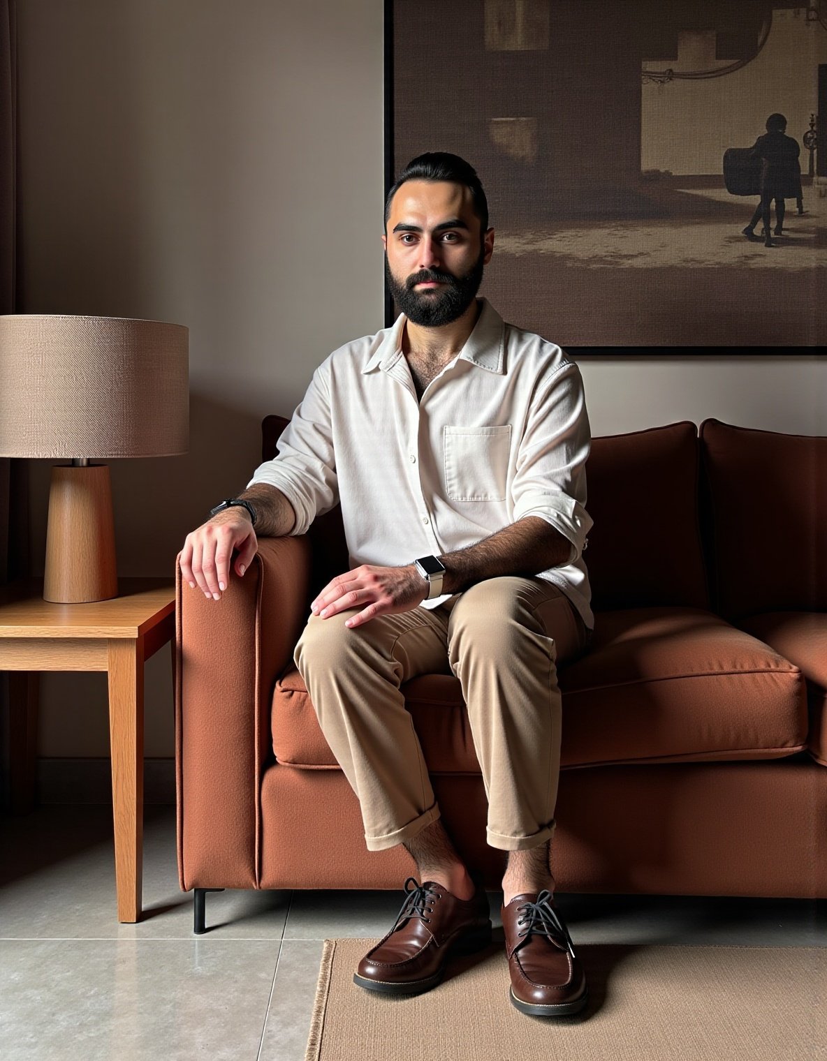 A man with a beard and dark hair is sitting on a brown leather sofa in a modern living room. He is wearing a white button-up shirt, beige pants, and brown shoes. There is a table with a lamp next to him and a framed artwork on the wall behind him.