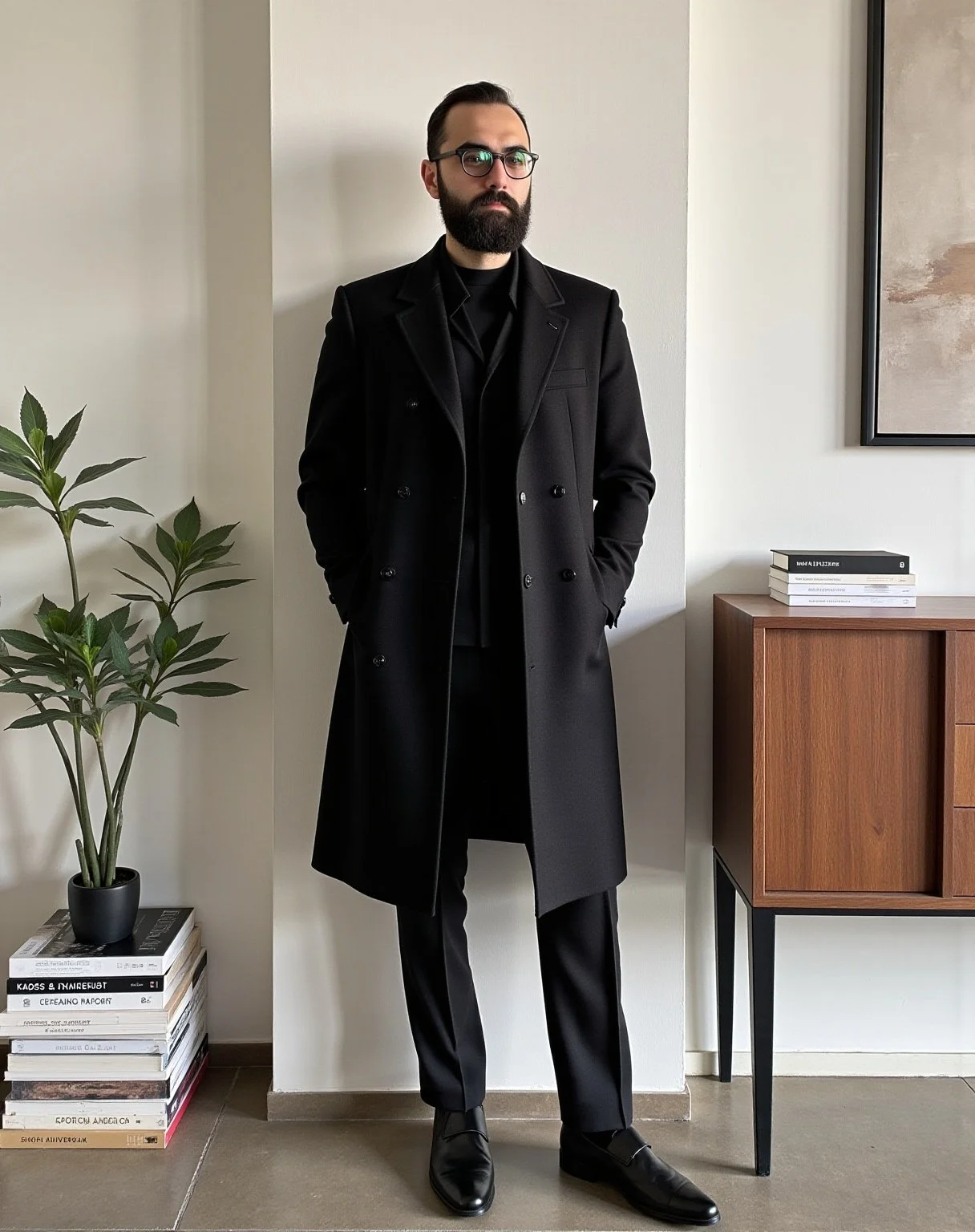 Man with glasses and a beard standing in a modern indoor setting, wearing a long black coat, black pants, and black shoes, with hands in pockets, next to a wooden furniture piece and a plant.