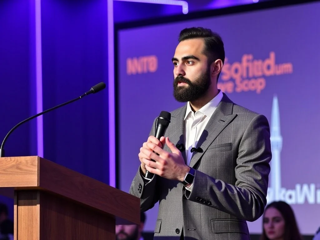 Man with a beard and dark hair, wearing a gray suit and white shirt, standing at a podium with a microphone, speaking into it at a conference or event.