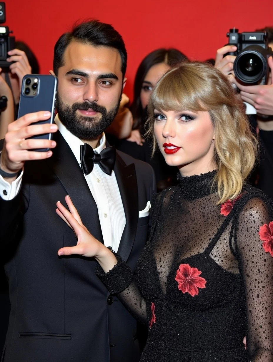 Man in tuxedo taking selfie with woman in black dress with red floral accents as photographers film them at a red-carpet event.