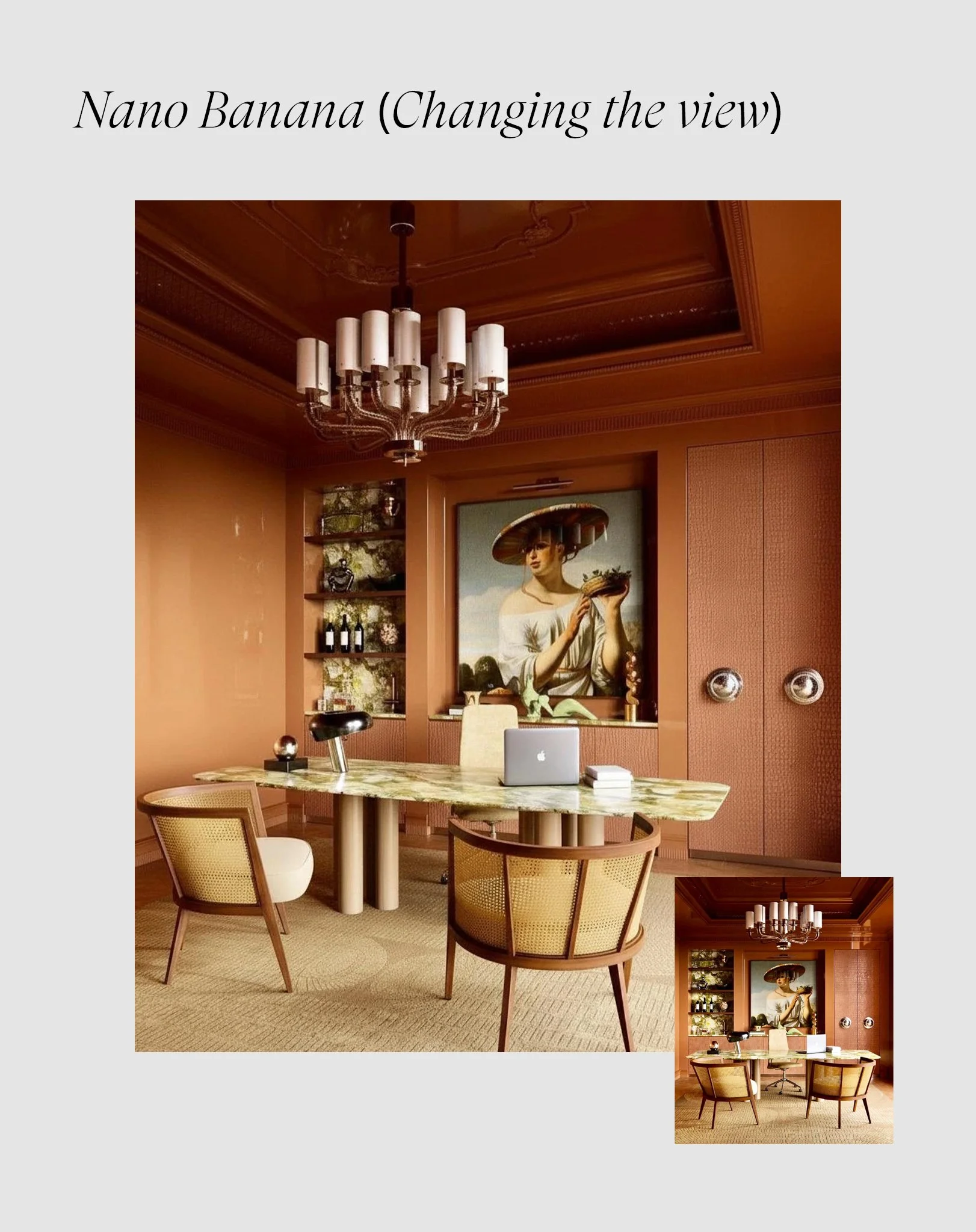 A stylish room with a large painting of a woman wearing a hat, wooden furniture, a chandelier, and a marble table with a laptop and books.