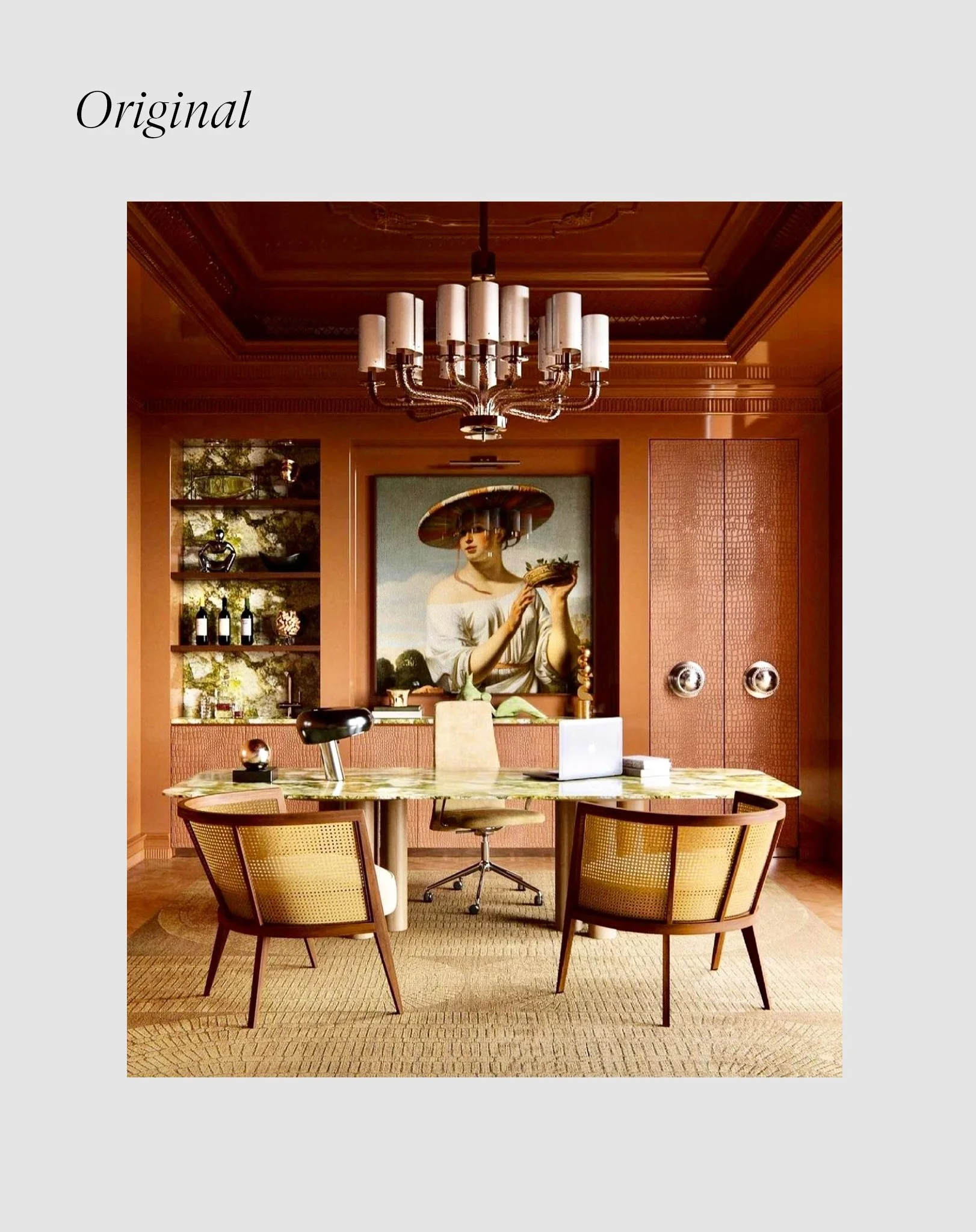 Elegant office room with a round marble table, four chairs, a chandelier, a painting of a woman wearing a hat, and built-in shelves with decorative items.