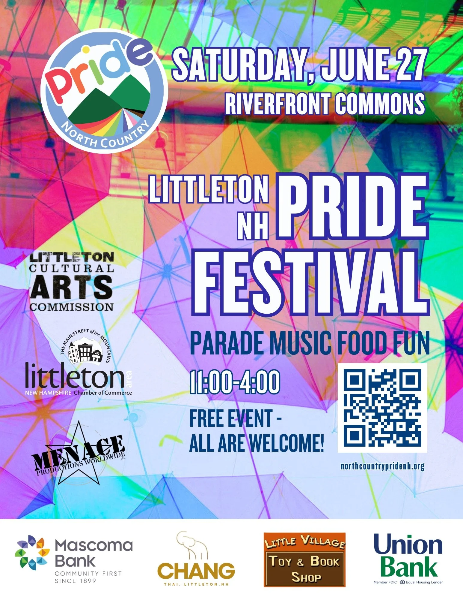 flyer with North Country Pride logo and white lettering saying Littleton NH Pride Festival.