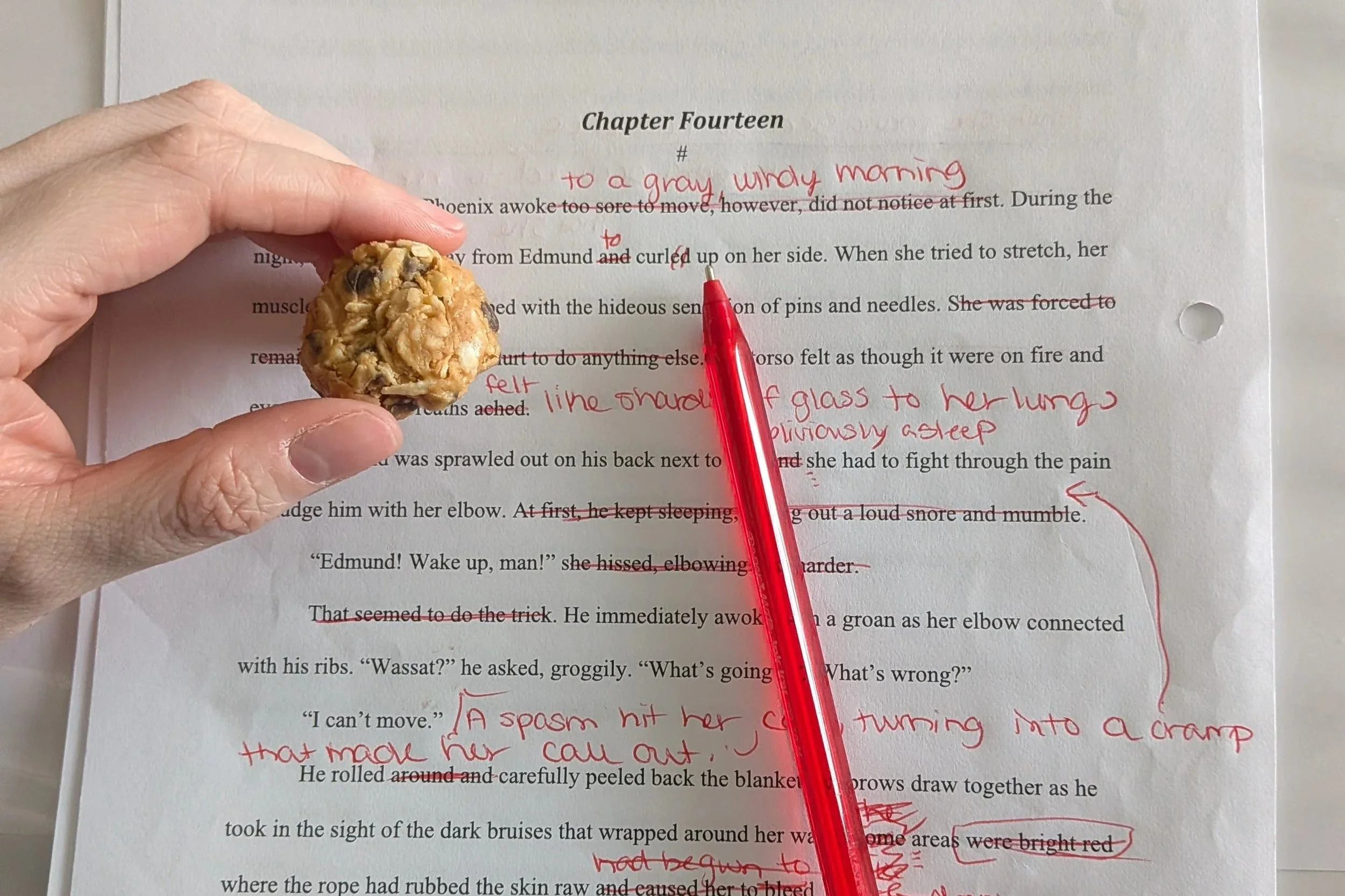 A piece of paper with Chapter Fourteen at the top and numerous red marks around the main text of the page. A red pen lays on top and to the left is a hand holding a sweet snack.