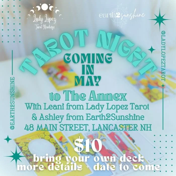 white image with blurry tarot cards as the background and green lettering that says Tarot Night  Coming in May at the Annex