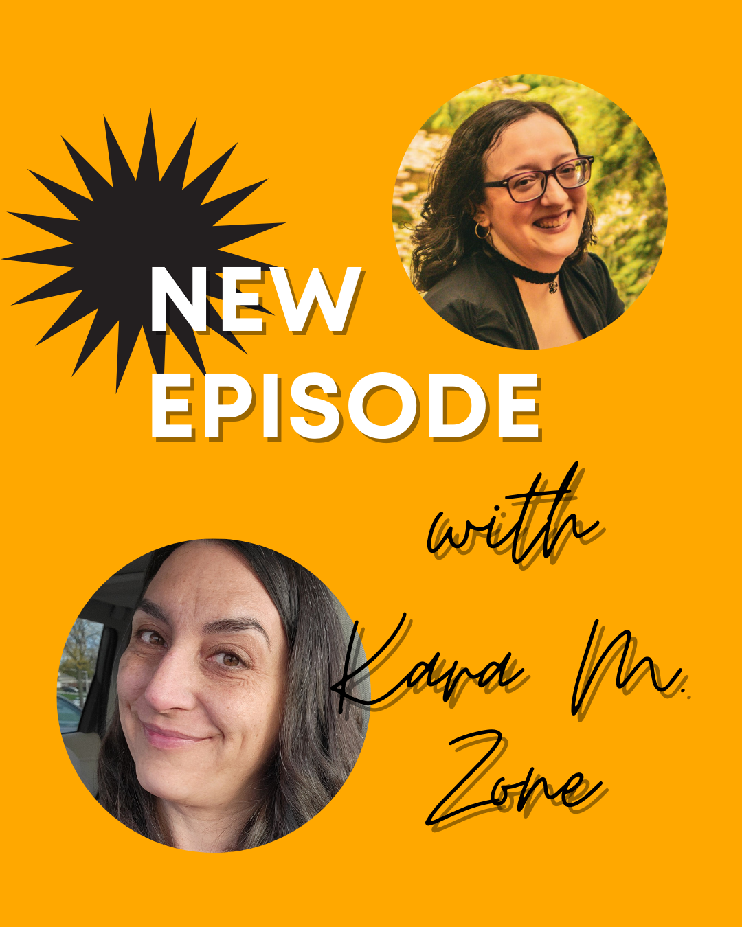 Yellow background with white text that says new episode, with black script reading with Kara M. Zone. Pics of Leani Lopez and Kara M. Zone