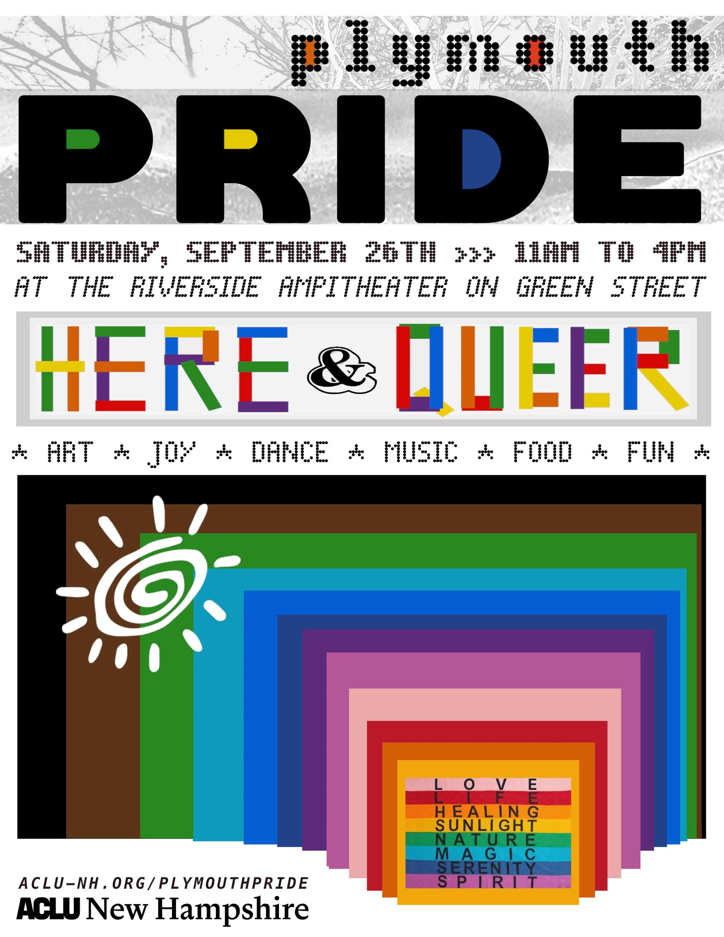 White poster with Plymouth Pride in various fonts. Black text saying Saturday, September 26th at the riverside amphitheater